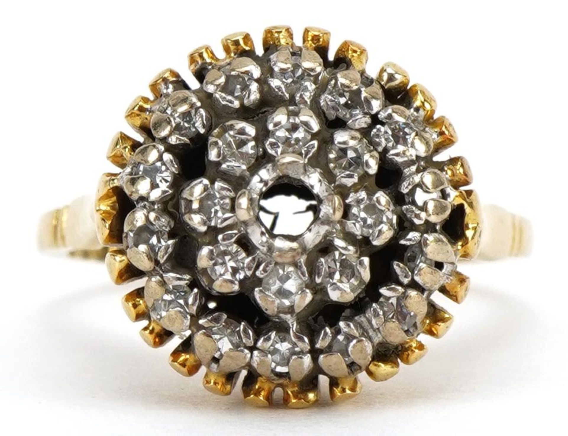 18ct gold diamond three tier cluster ring, London 1973, size L, 6.0g