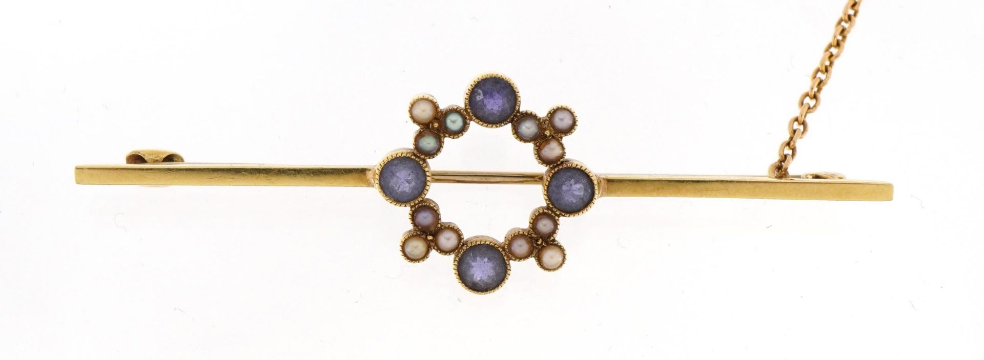 Victorian 15ct gold sapphire and seed pearl brooch with safety chain, 6.0cm wide, 4.4g