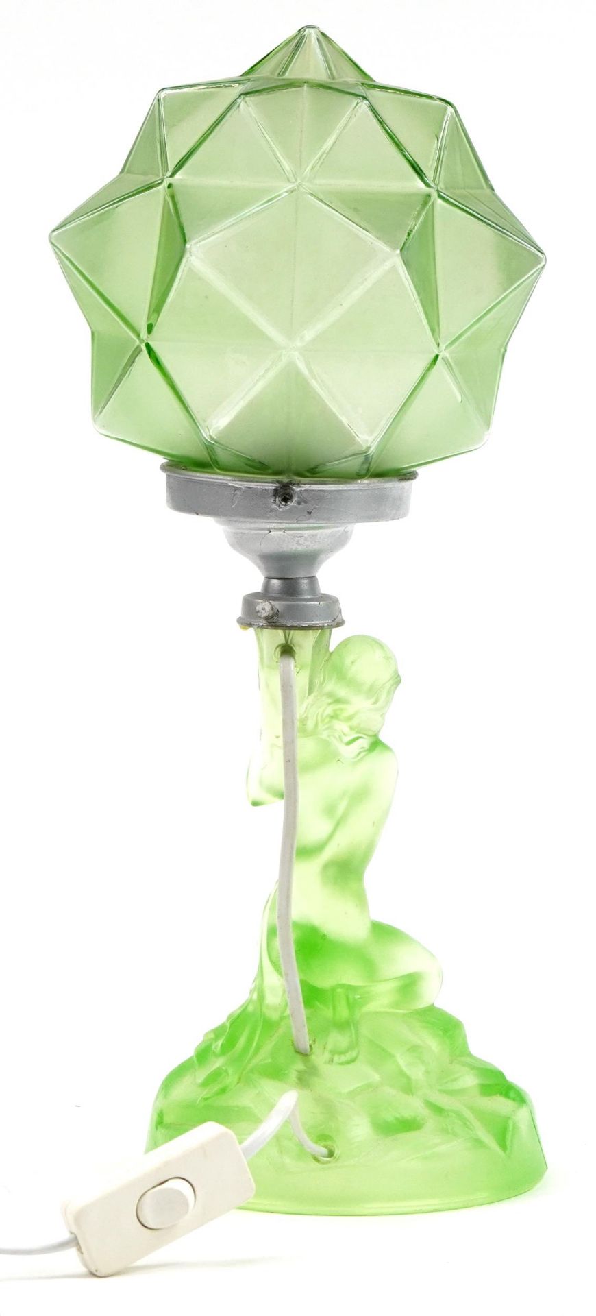 Walther & Sohne, German Art Deco green frosted glass table lamp with shade, 41cm high - Bild 2 aus 3