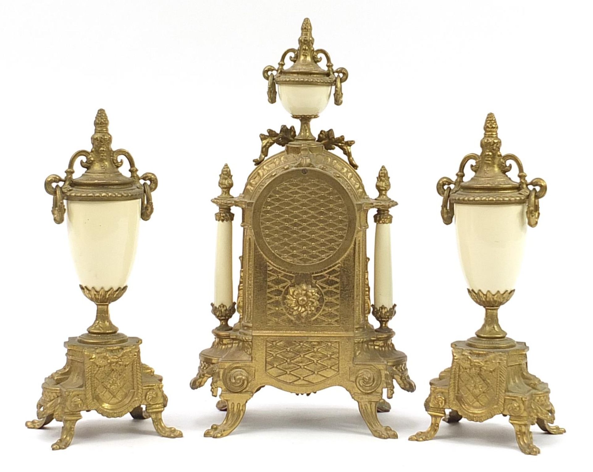 French style gilt metal three piece striking clock garniture decorated with courting couples - Image 2 of 4