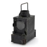 Vintage railway interest black enamel lantern with swing handle, 20cm high