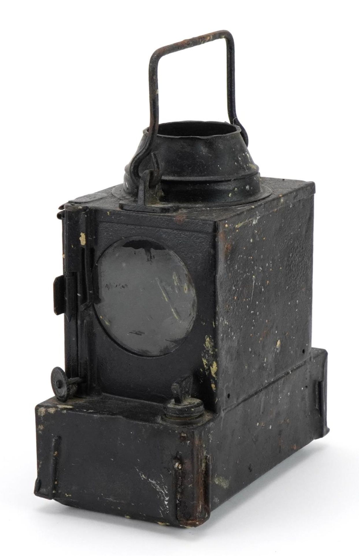 Vintage railway interest black enamel lantern with swing handle, 20cm high