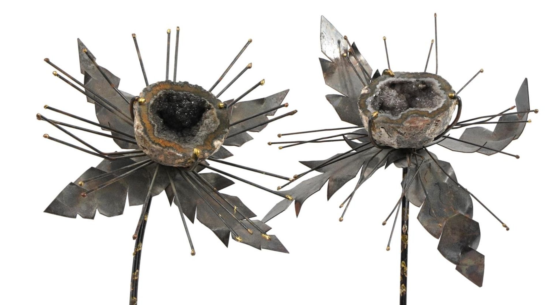 Pair of Modernist bronzed and amethyst geode flower sculptures, 46cm high - Image 2 of 4