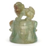 Chinese fluorite carving of an Archaic style bell with foo dog knop, 7cm high