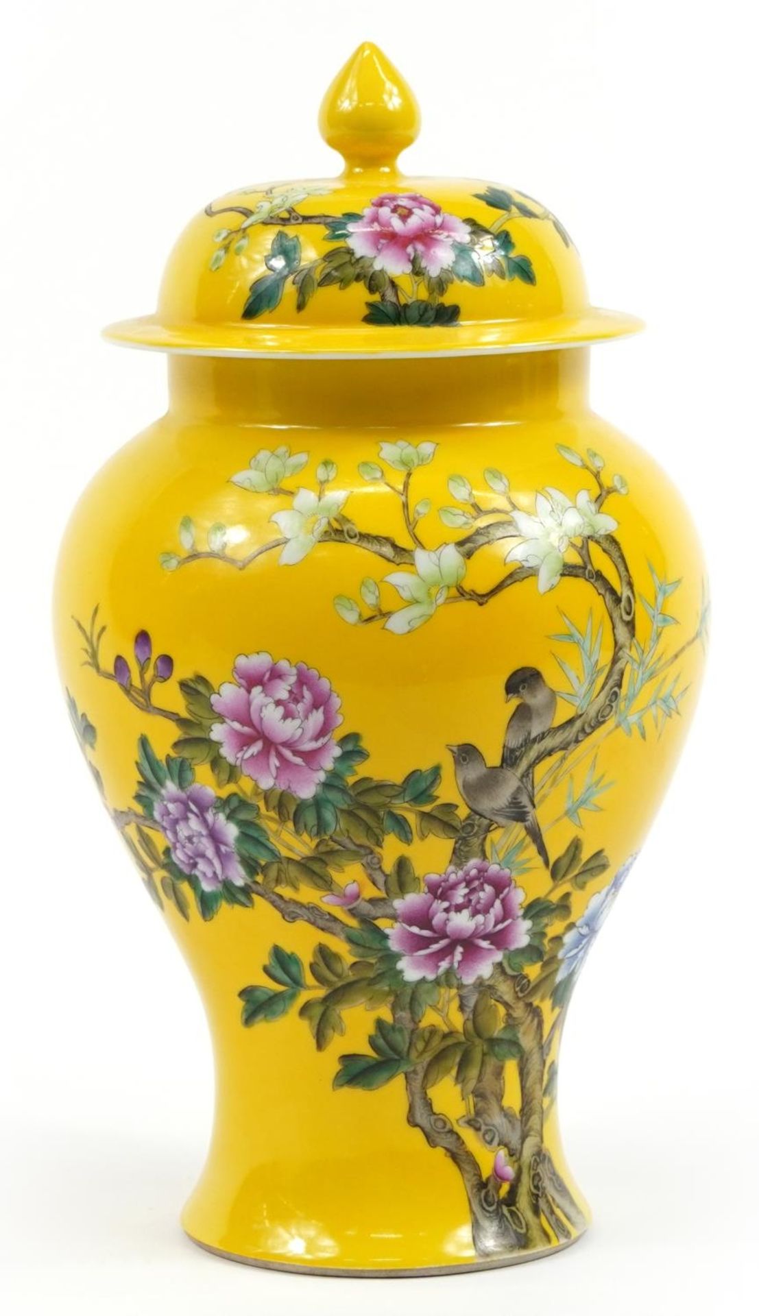 Chinese yellow ground porcelain baluster vase and cover hand painted in the famille rose palette