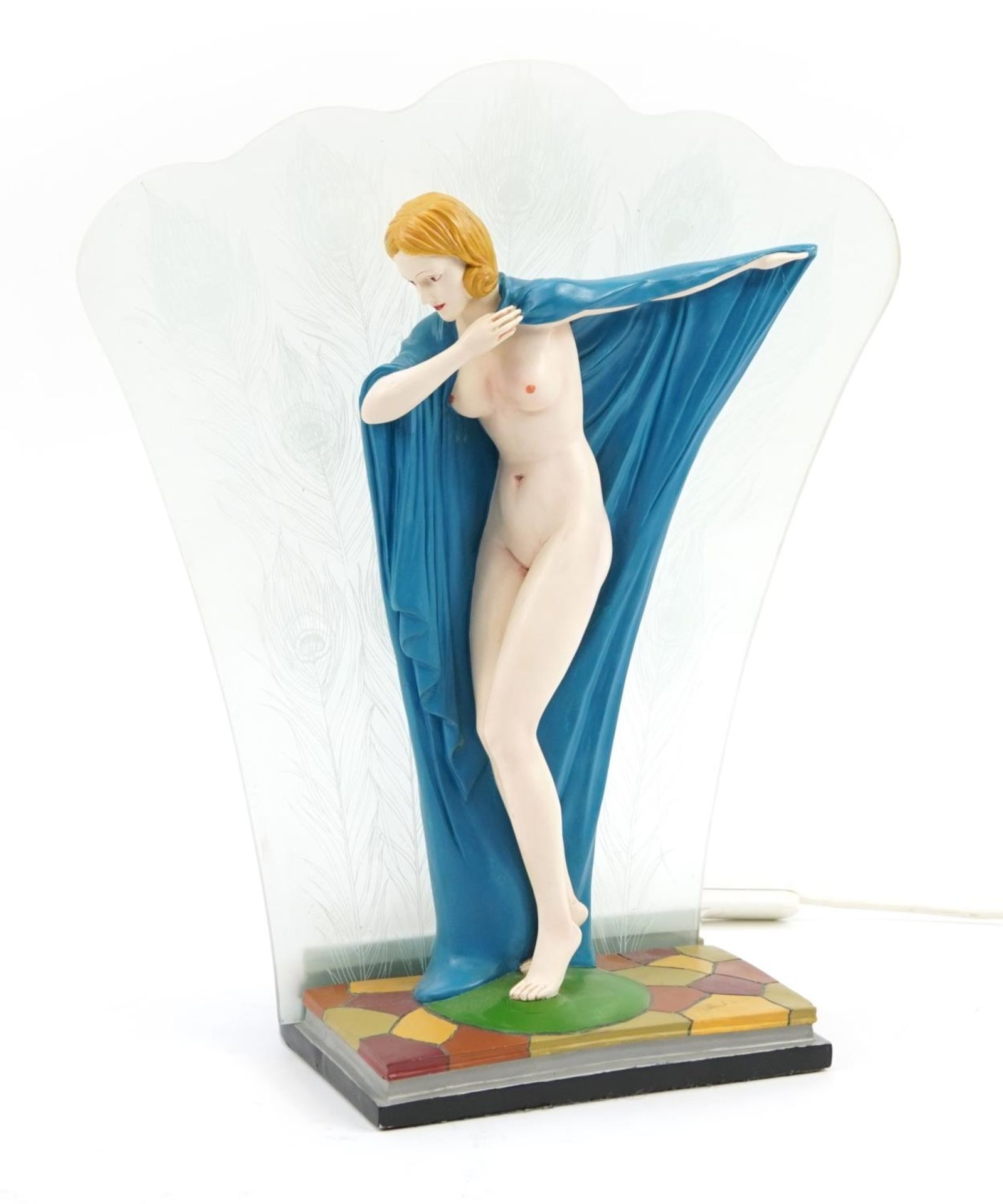 Art Deco style nude female table lamp with frosted peacock feather glass back, 43cm high