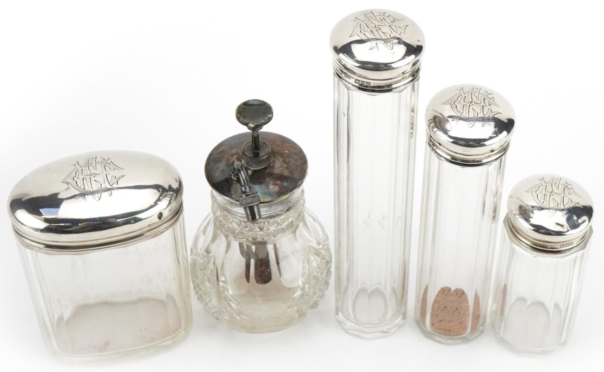 Four cut glass jars with silver lids and a Victorian cut glass atomiser with silver coloured metal - Image 2 of 5
