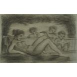 Nude female with cherubs, Old Master chalk on paper, inscribed verso, mounted, framed and glazed