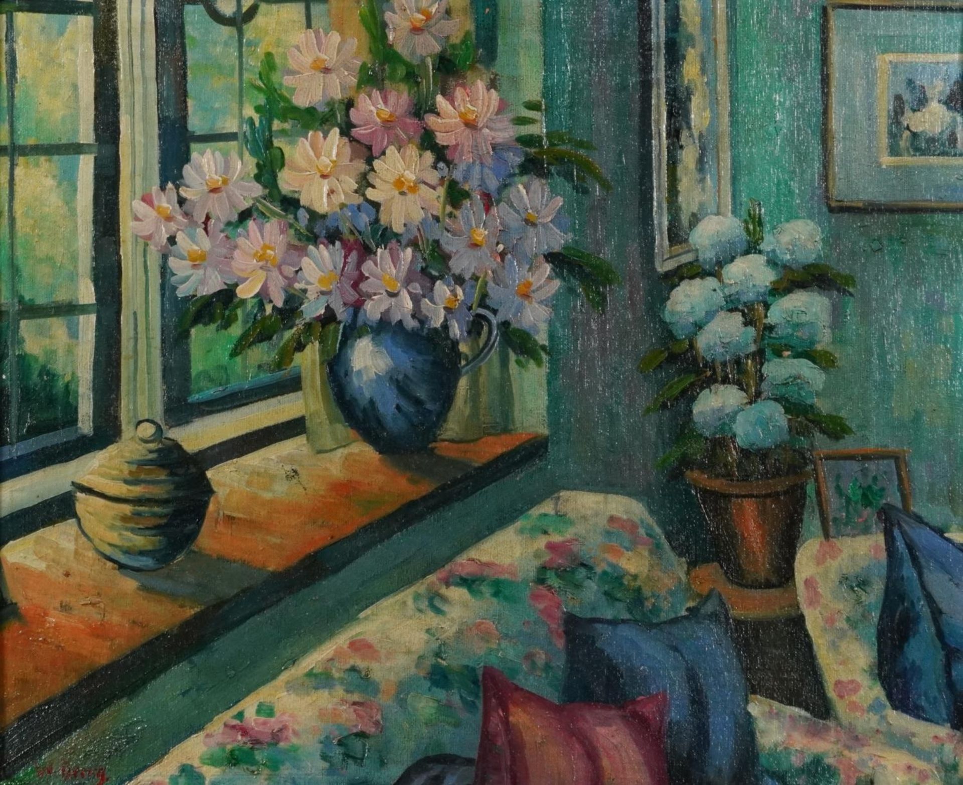 Manner of William Dring - Interior scene with still life flowers, oil on board, mounted and