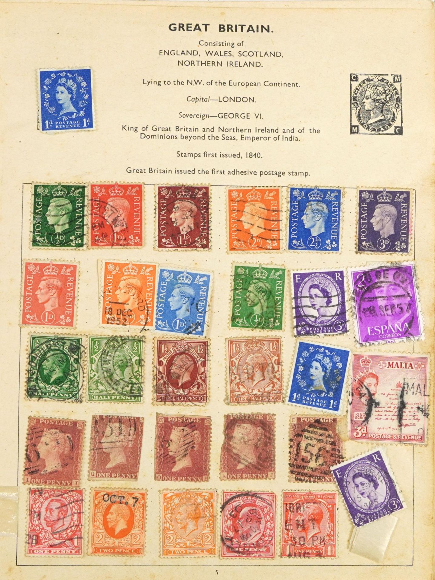 Collection of British and world stamps arranged in eight albums including Penny black and Penny reds