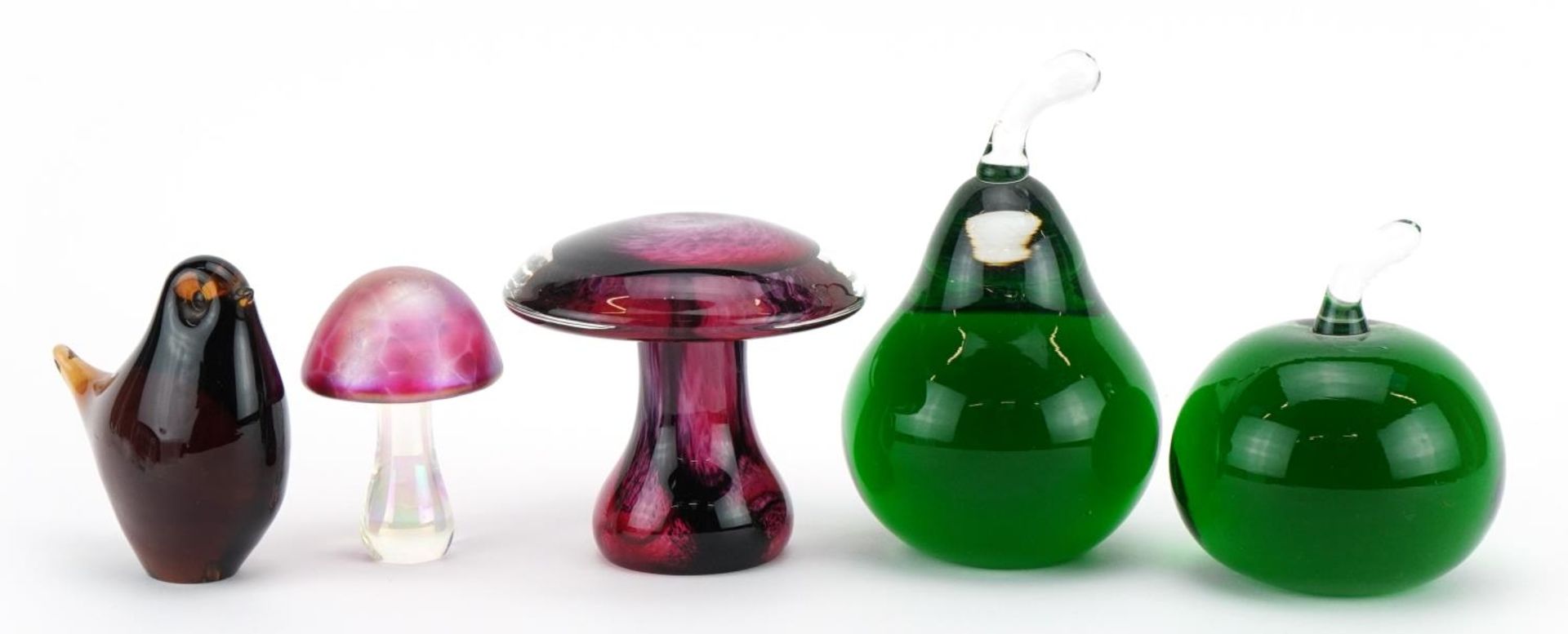 Three naturalistic paperweights including mushrooms, apple and a bird, the largest 13cm high