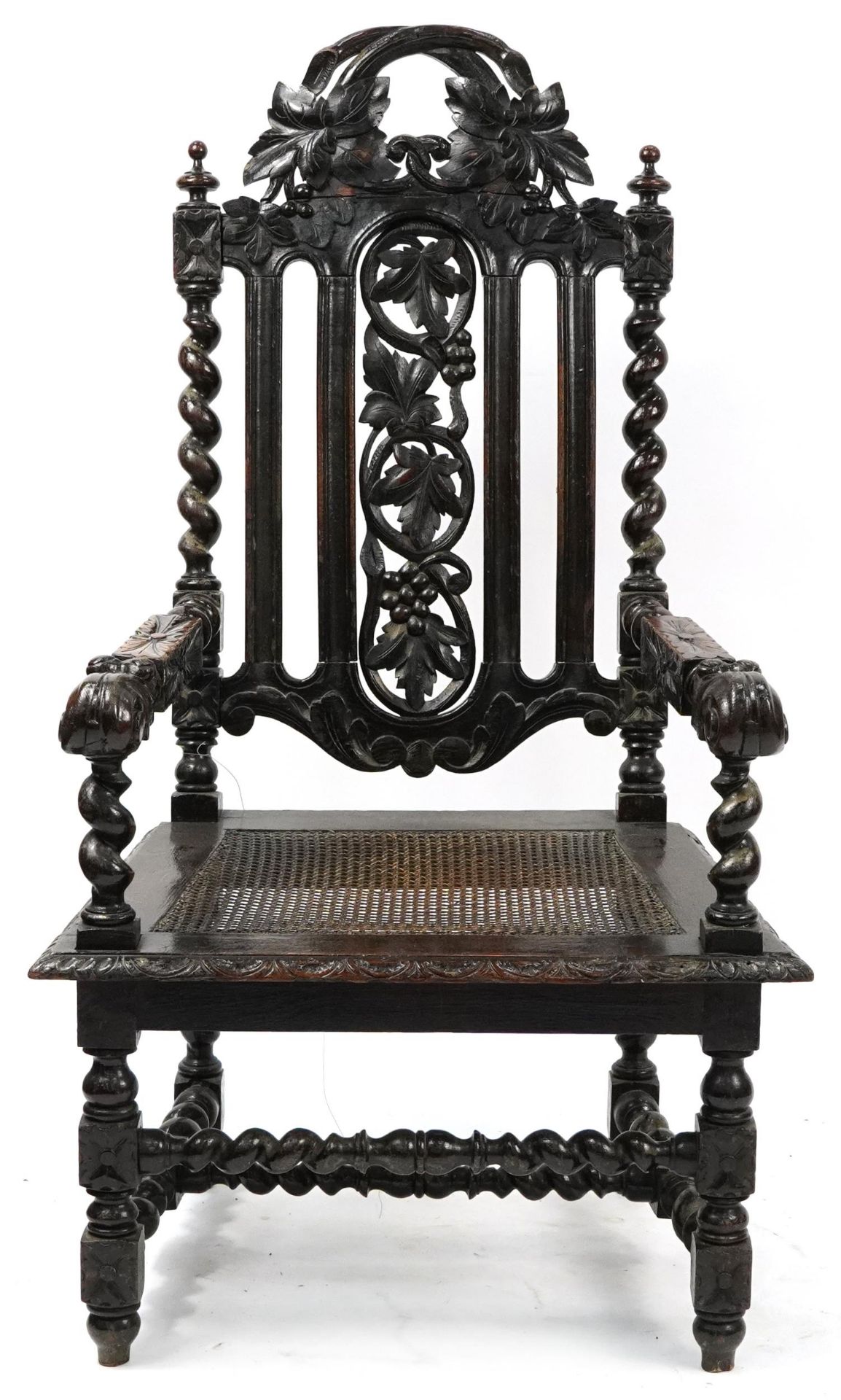 Antique barley twist oak chair carved with grapevine and cane bergere seat, 130cm high - Bild 2 aus 3