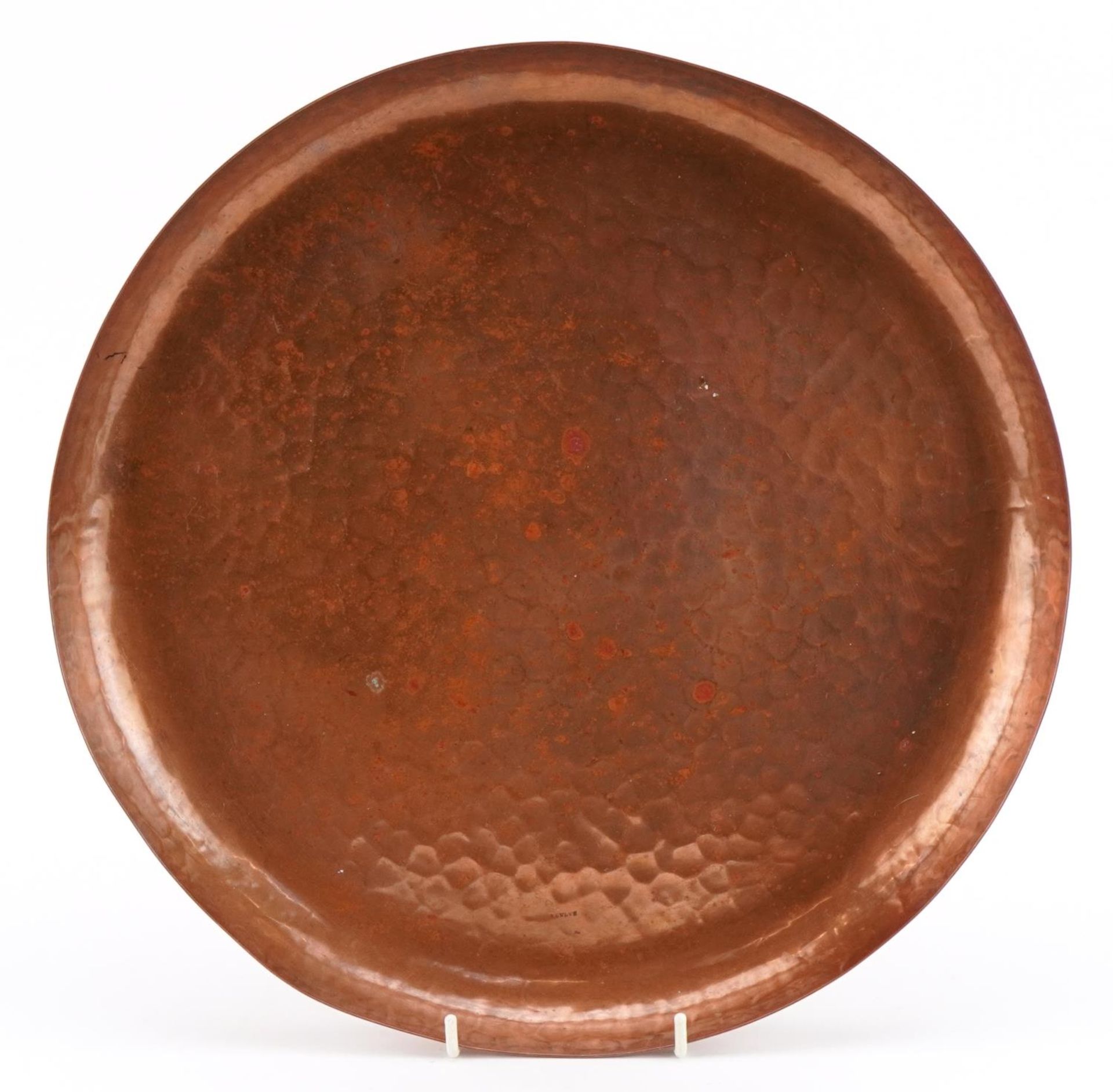 Newlyn, Arts & Crafts beaten copper circular tray, impressed Newlyn, 33.5cm in diameter