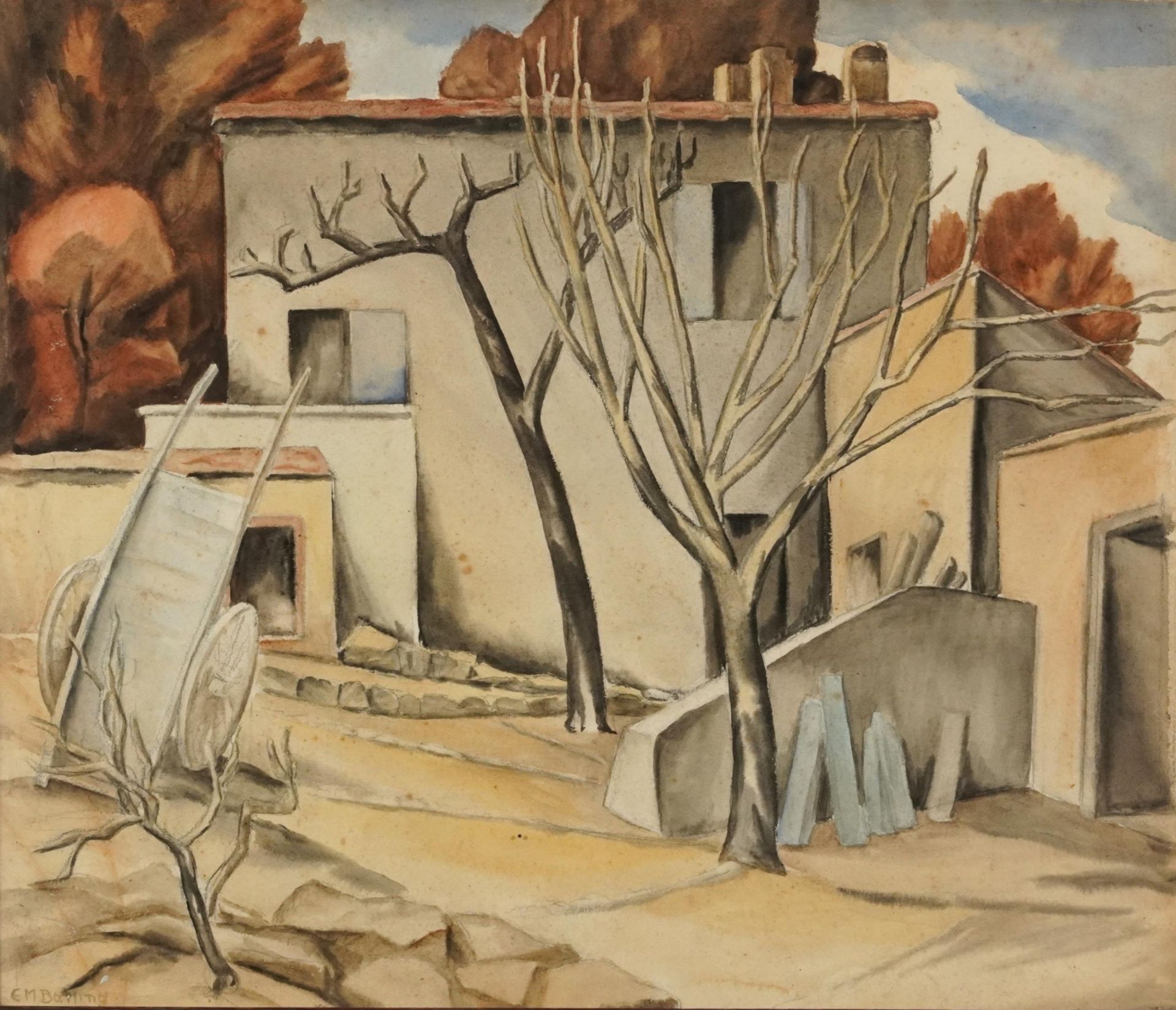 Elsie Barling - Wheelbarrow before trees and buildings, British school watercolour, framed and