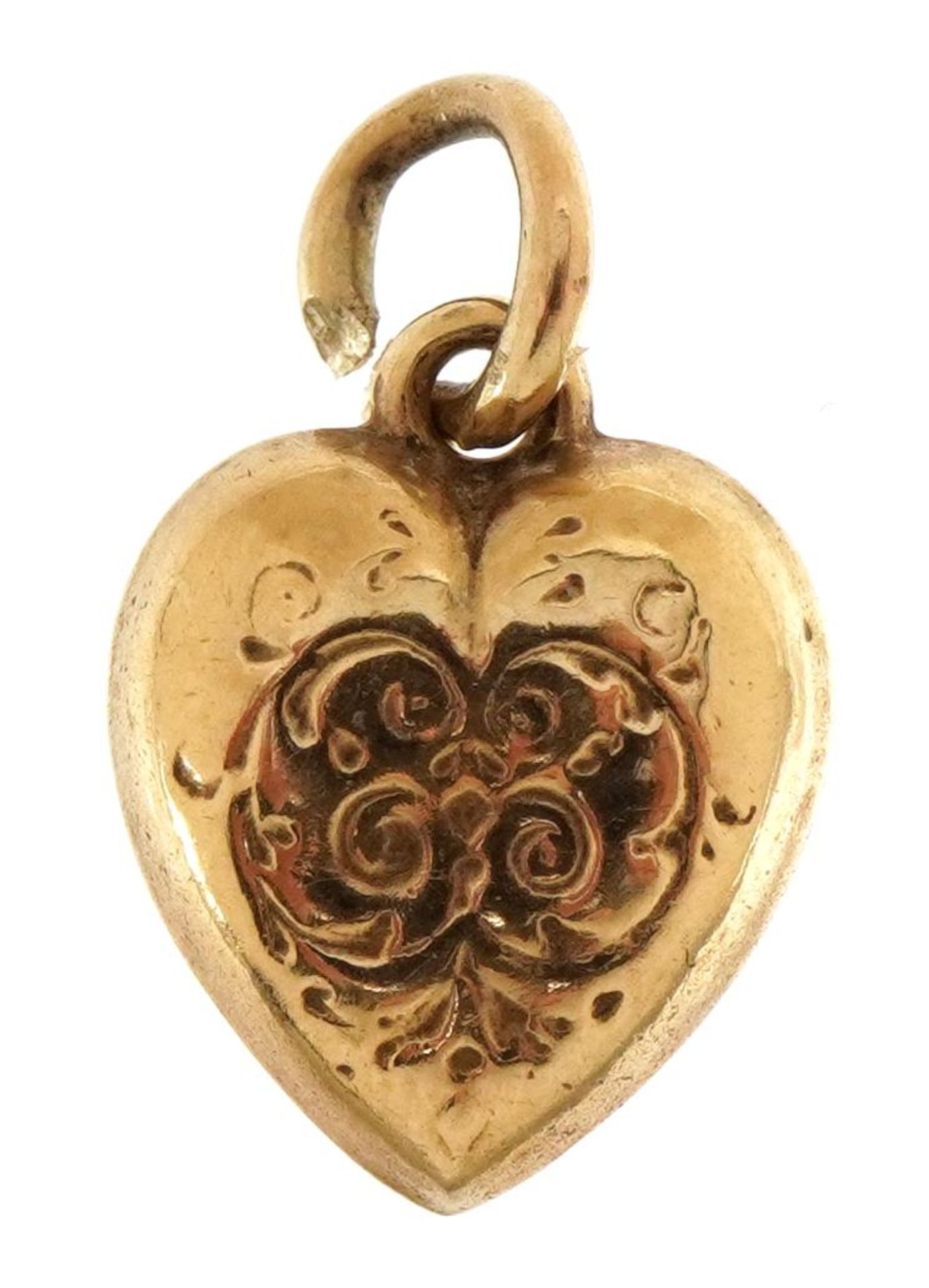 9ct gold love heart charm, 1.3cm high, 0.6g