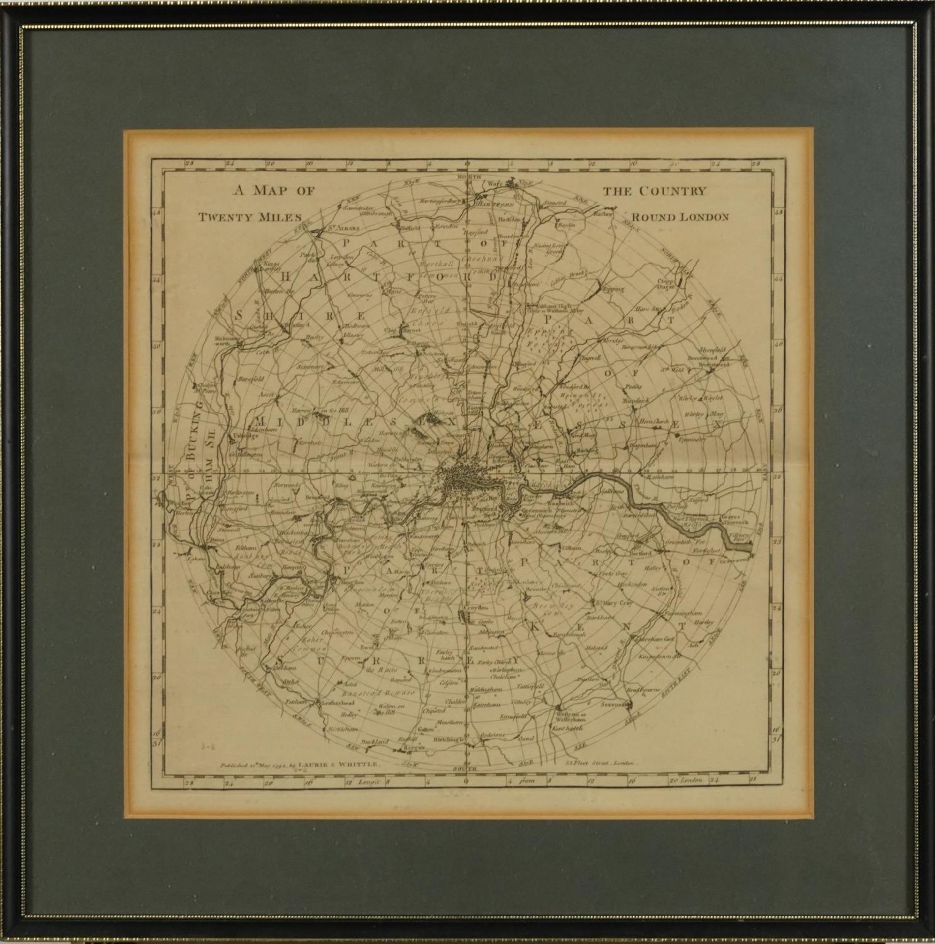 Map of the Country Twenty Miles Round London, late 18th century map published 12th May 1794 by - Bild 2 aus 5