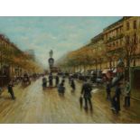 Busy street scene with figures and horse drawn carts, French school oil, framed, 39cm x 30cm