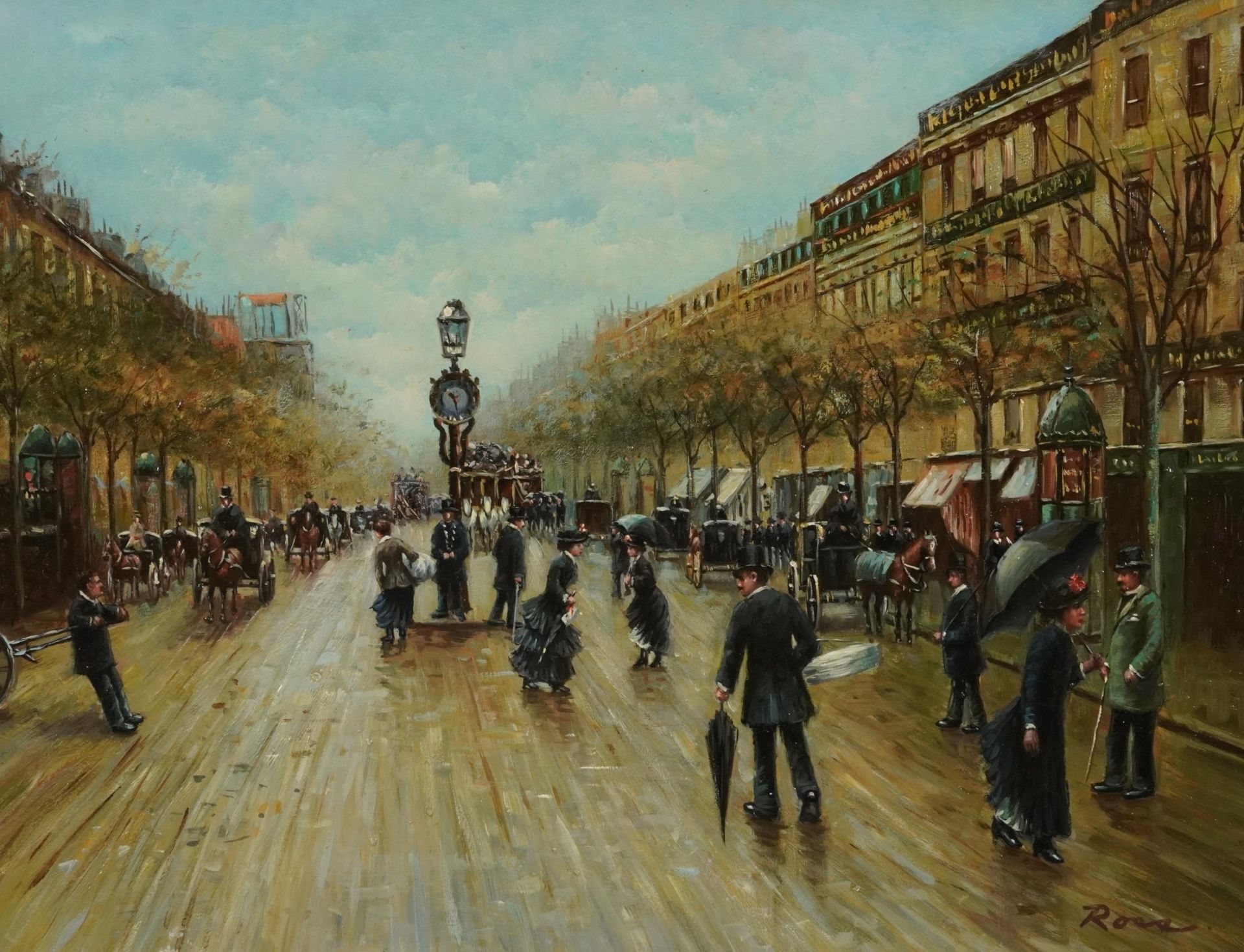 Busy street scene with figures and horse drawn carts, French school oil, framed, 39cm x 30cm