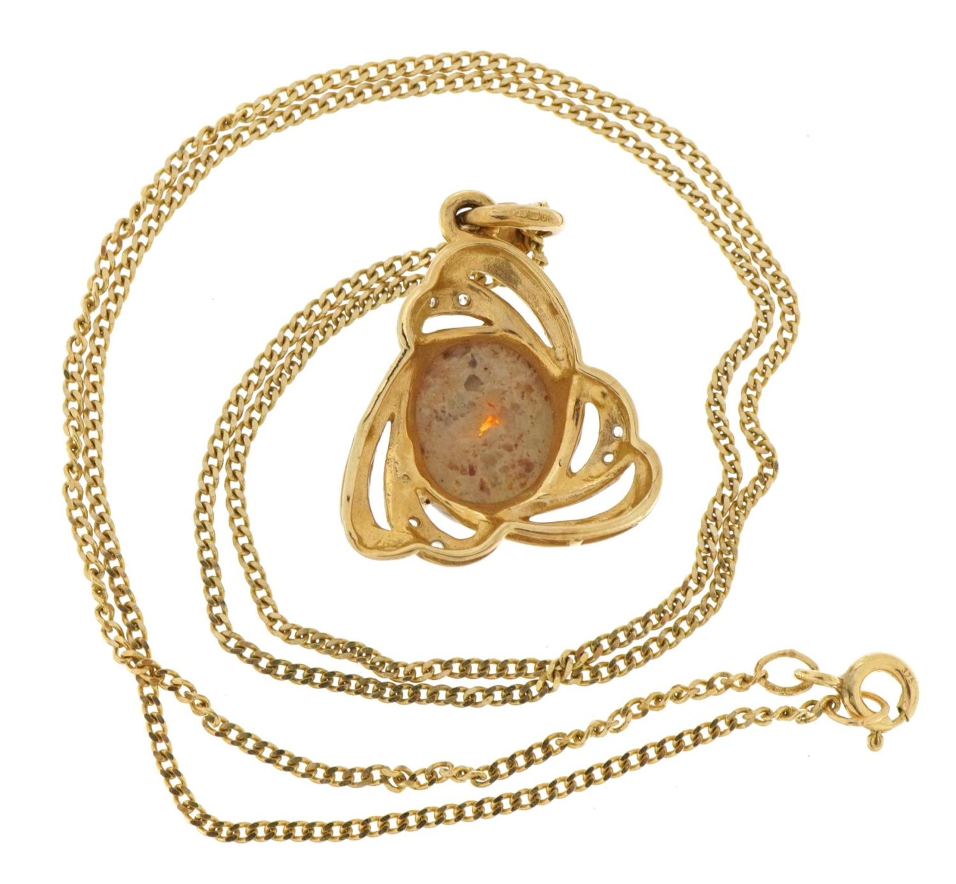 9ct two tone gold cabochon orange stone pendant set with clear stones on a 9ct gold curb link - Bild 3 aus 4