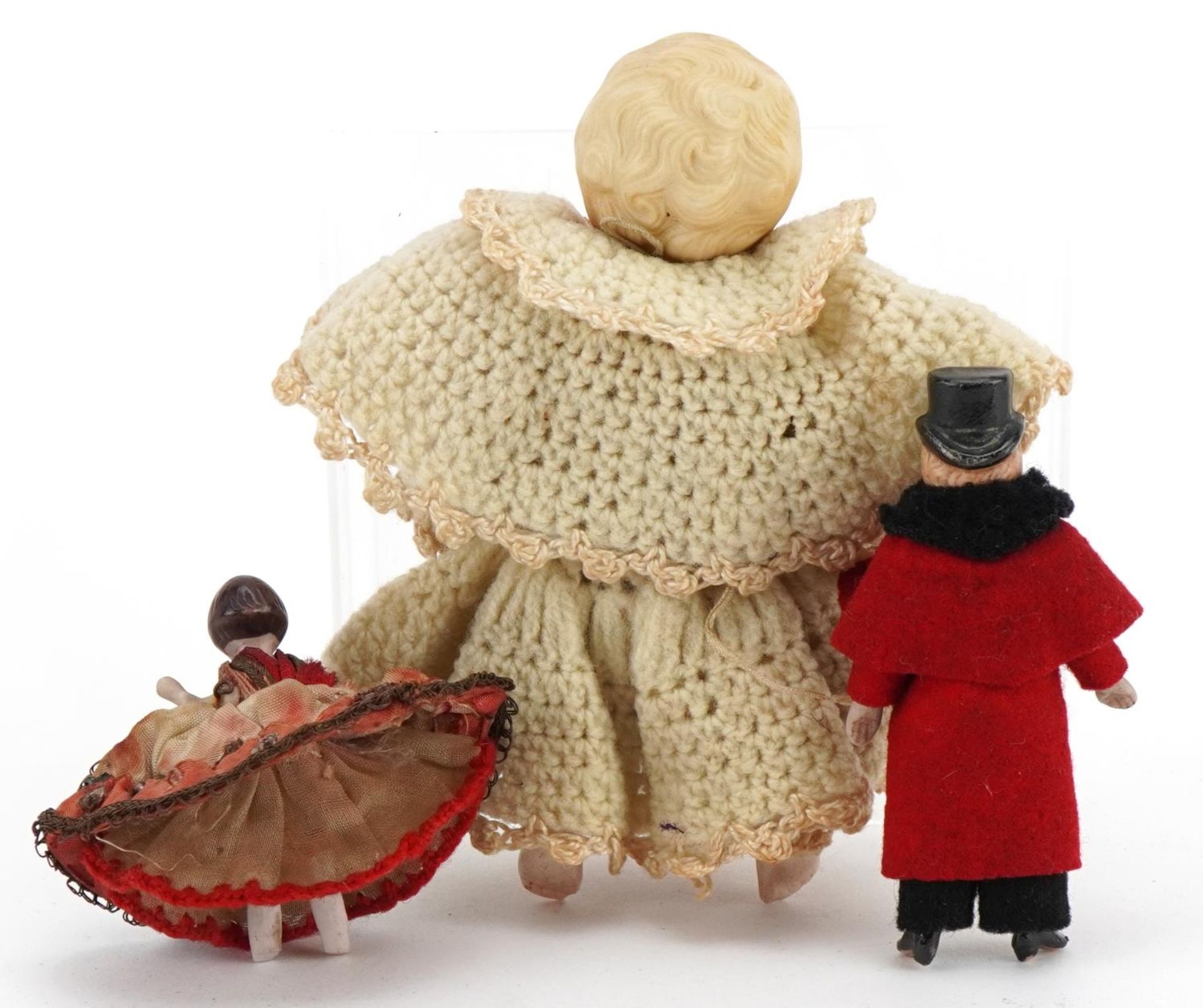 Three miniature bisque dolls with clothes, the largest 11cm high - Image 2 of 3