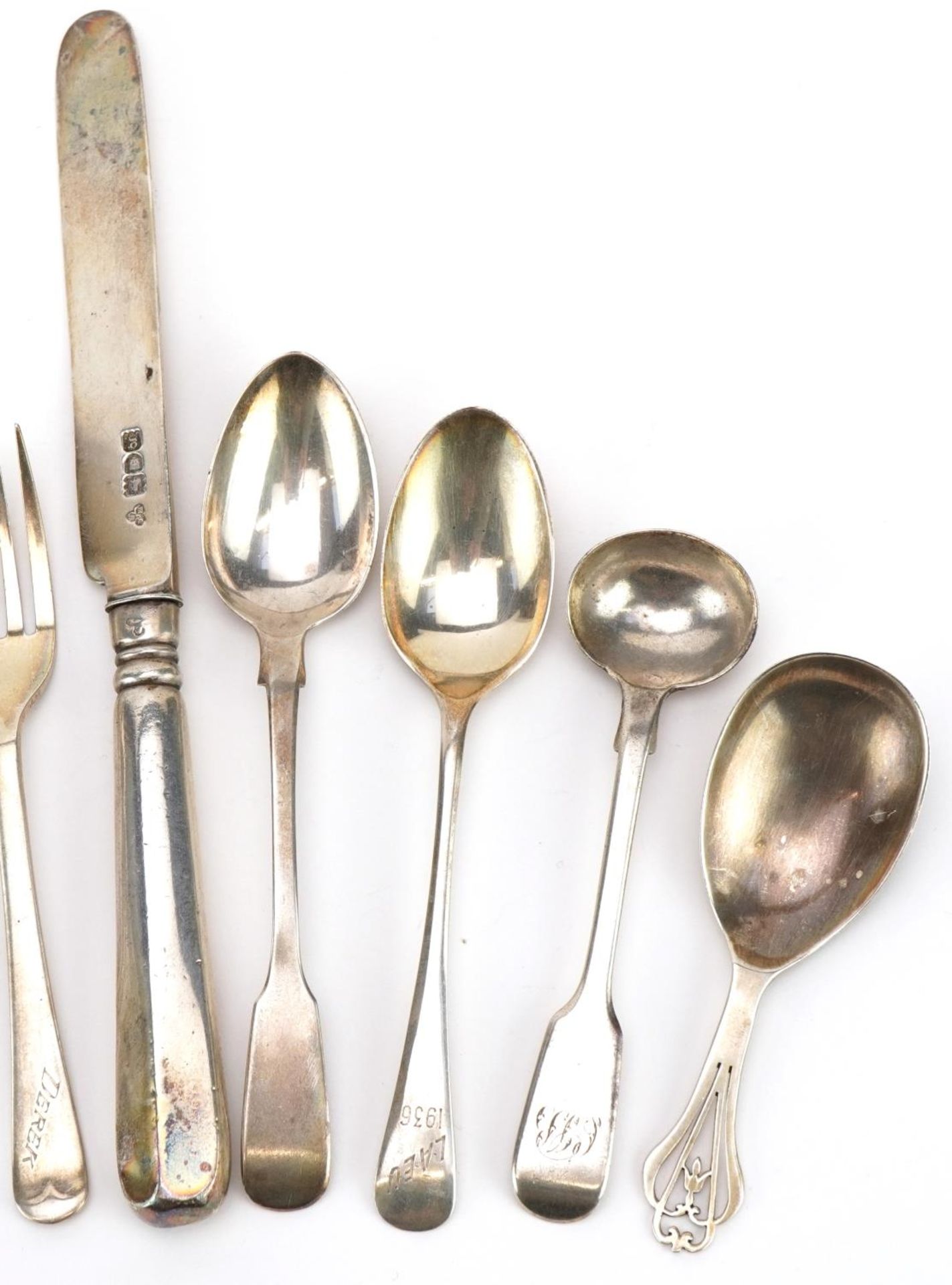 Georgian and later silver cutlery including caddy spoon, mustard spoons and teaspoons, the largest - Image 3 of 5