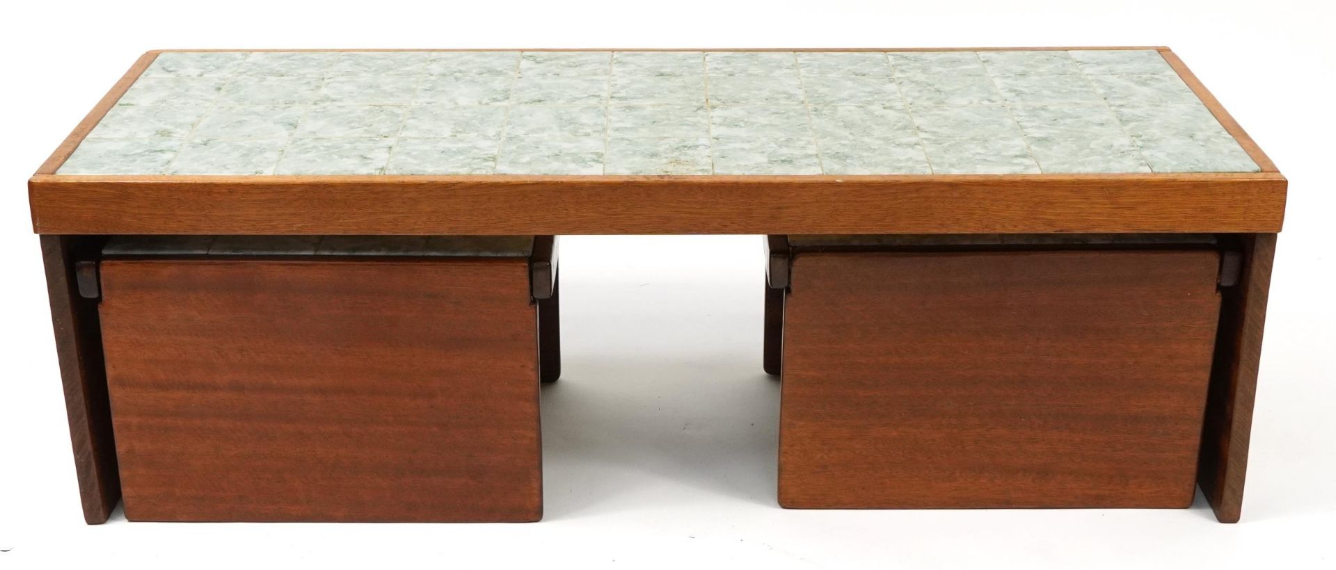 Nest of three mid century teak tile top occasional tables, the largest 40cm H x 125cm W x 48cm D - Bild 3 aus 3