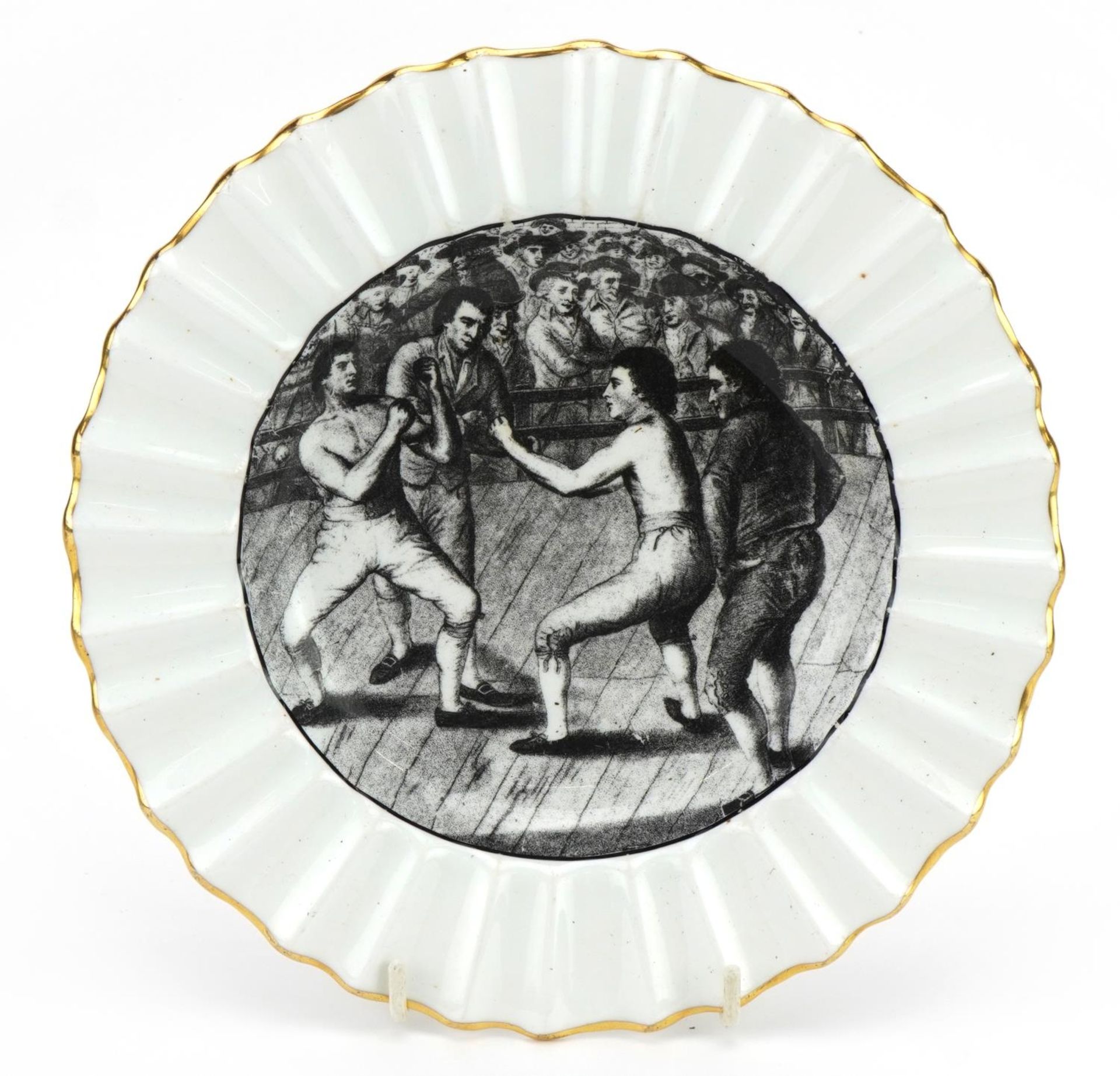 Crown Staffordshire porcelain plate, The Great Contest Between Humphries and Mendoza 1788, 22cm in