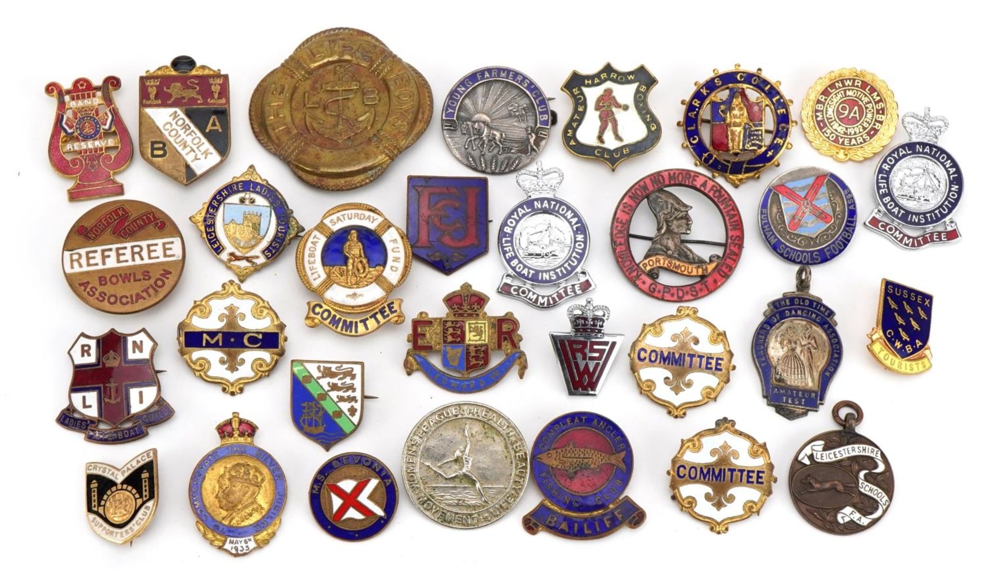 Collection of mostly sporting interest, some with enamel including Crystal Palace Supporters Club,