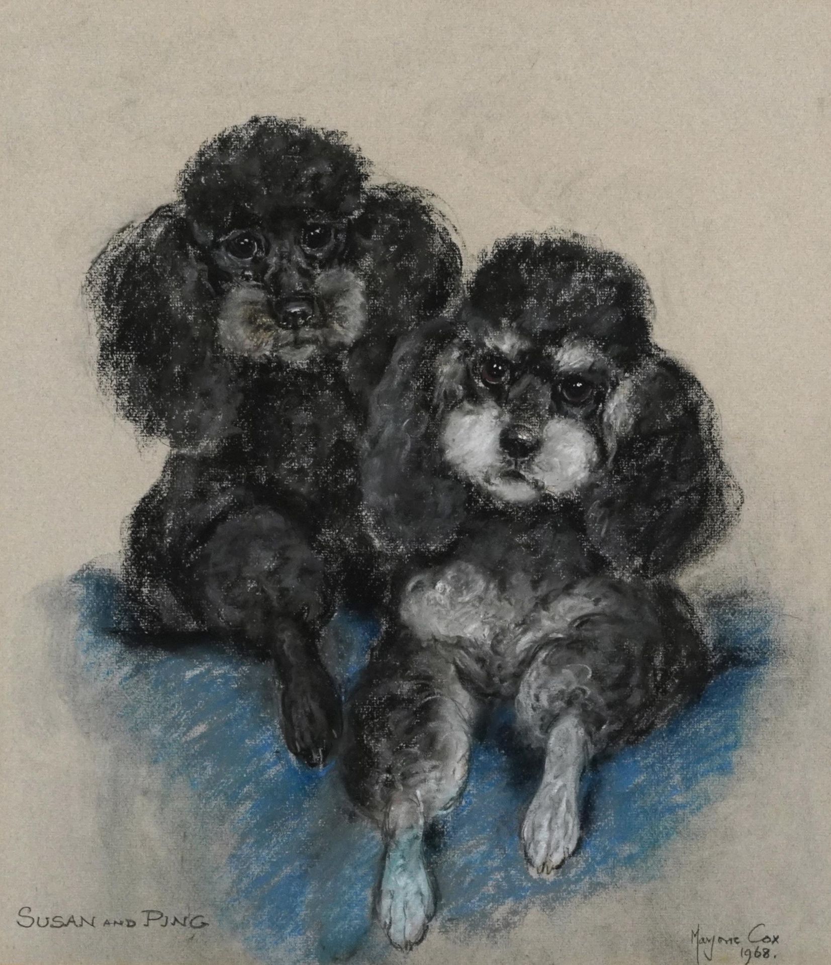 Marjorie Cox 1968 - Portrait of two Poodles called Susan & Ping, signed pastel, mounted, framed