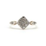 18ct gold and platinum diamond cluster ring, size N/O, 2.2g