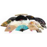 Fourteen vintage and later fans including some lace, the largest 30cm in length