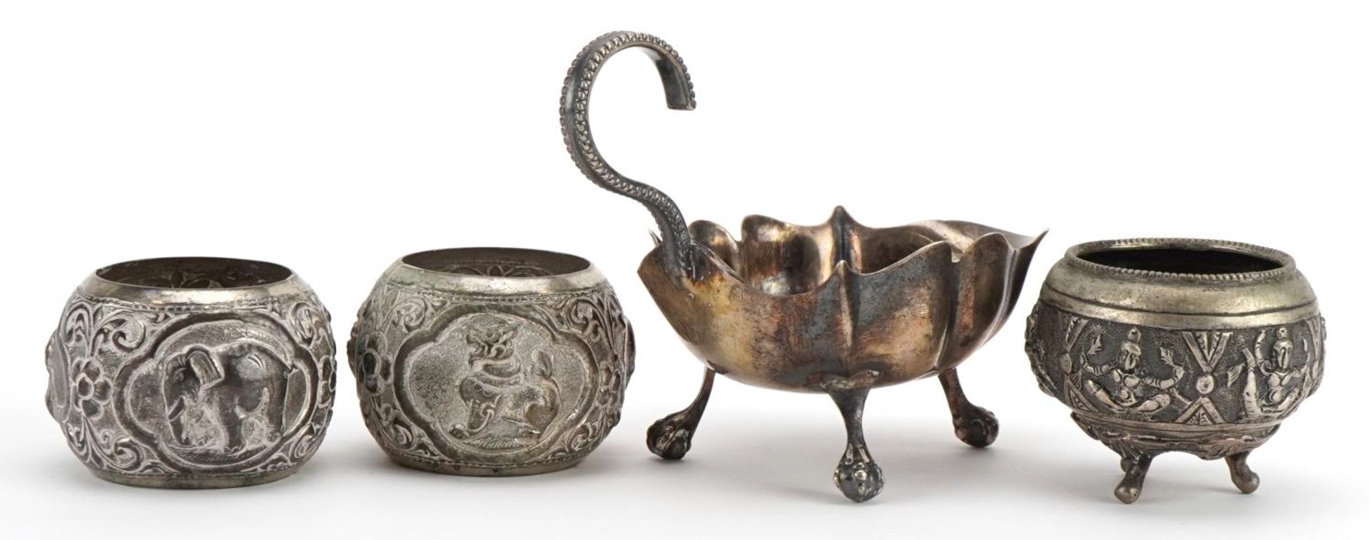 WITHDRAWN Antique silver three footed sauce boat, Indian white metal open salt and two white metal - Image 2 of 4