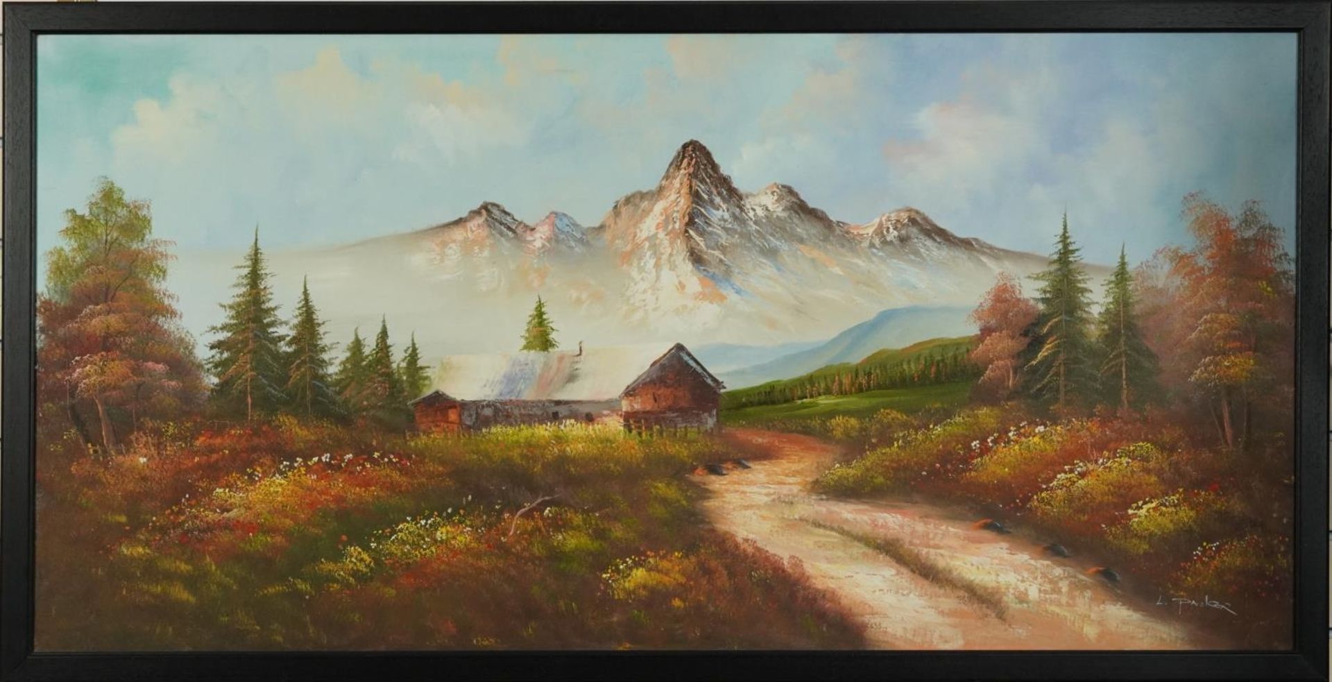 L Parker - Swiss mountainous landscape with trees, oil on canvas, framed, 121cm x 60cm excluding the - Image 2 of 5