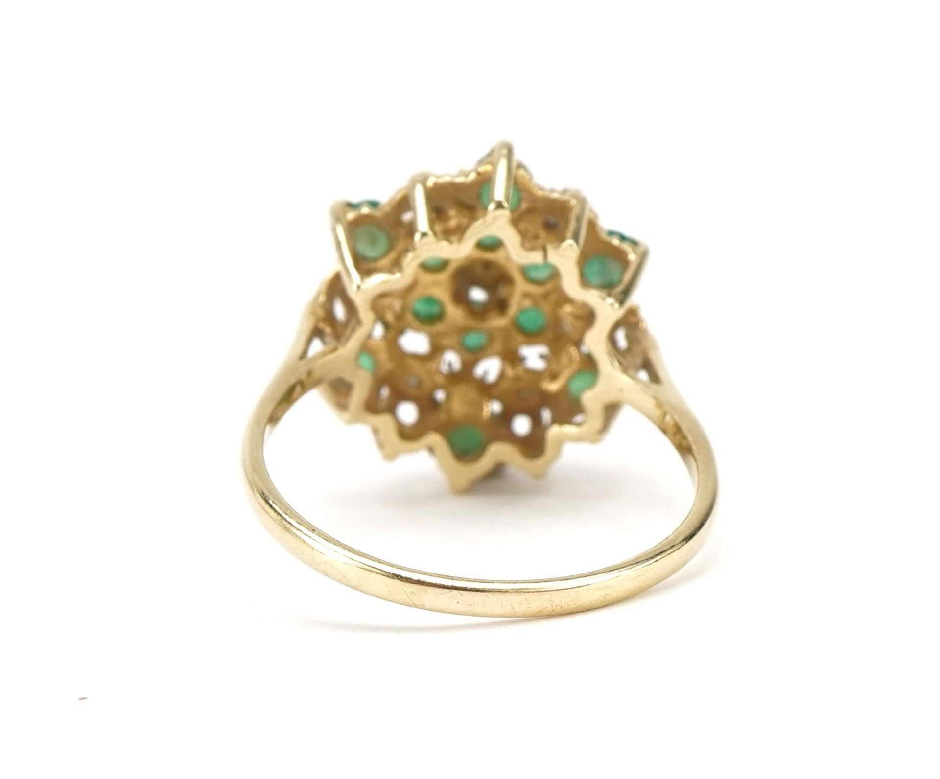 9ct gold emerald and diamond three tier cluster ring, size P, 3.0g - Image 2 of 3