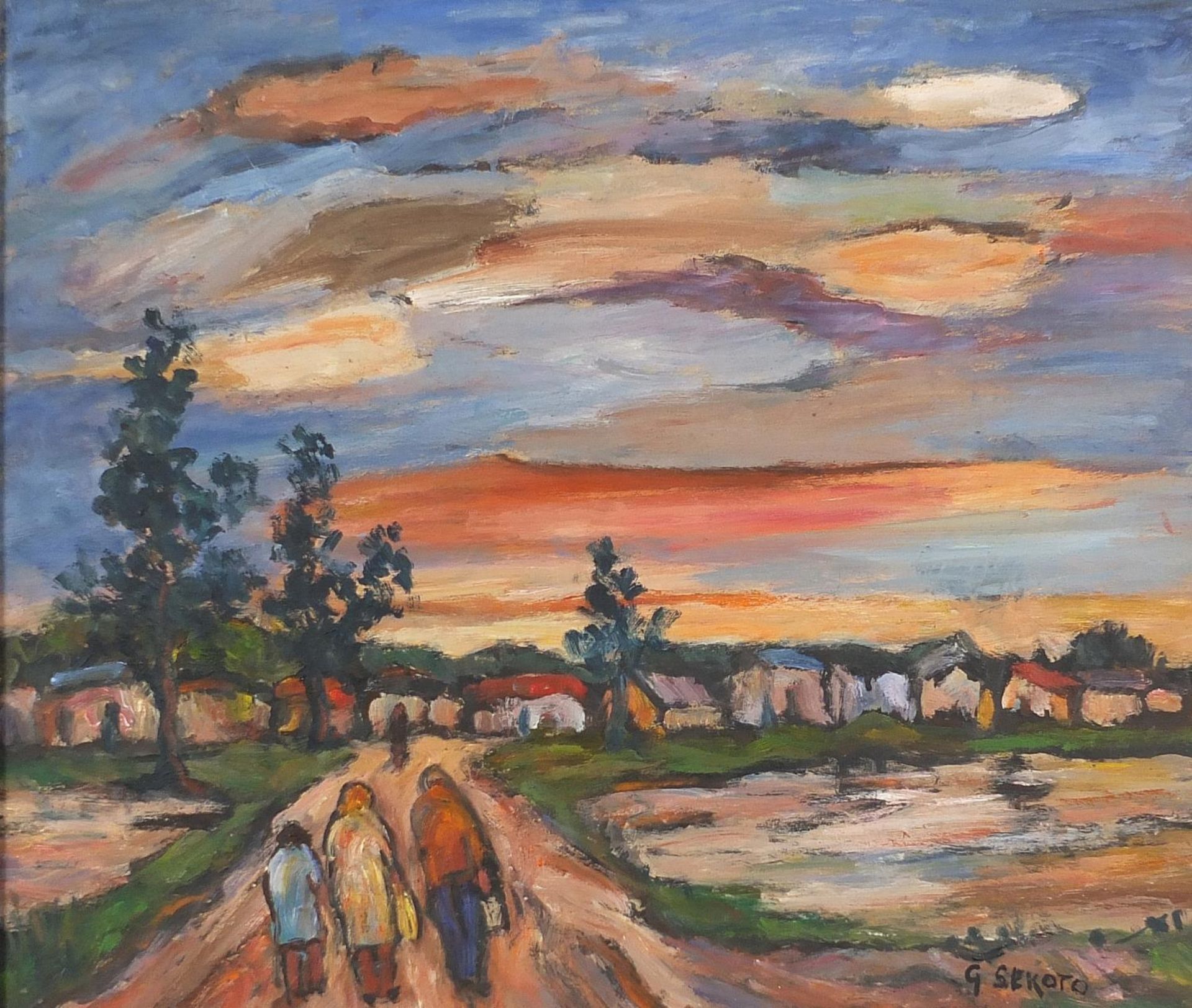 Manner of Gerard Sekoto - Figures on a path before a town, South African school oil on board,