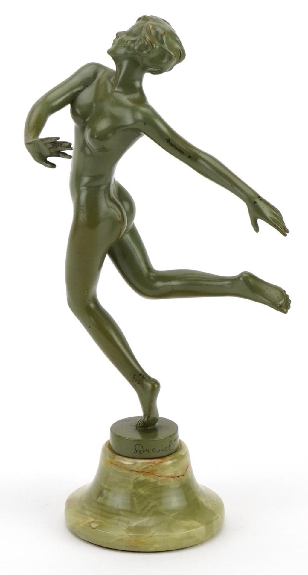 Joseph Lorenzl, Austrian Art Deco verdigris bronze figure of a nude dancer raised on a circular onyx - Image 3 of 5