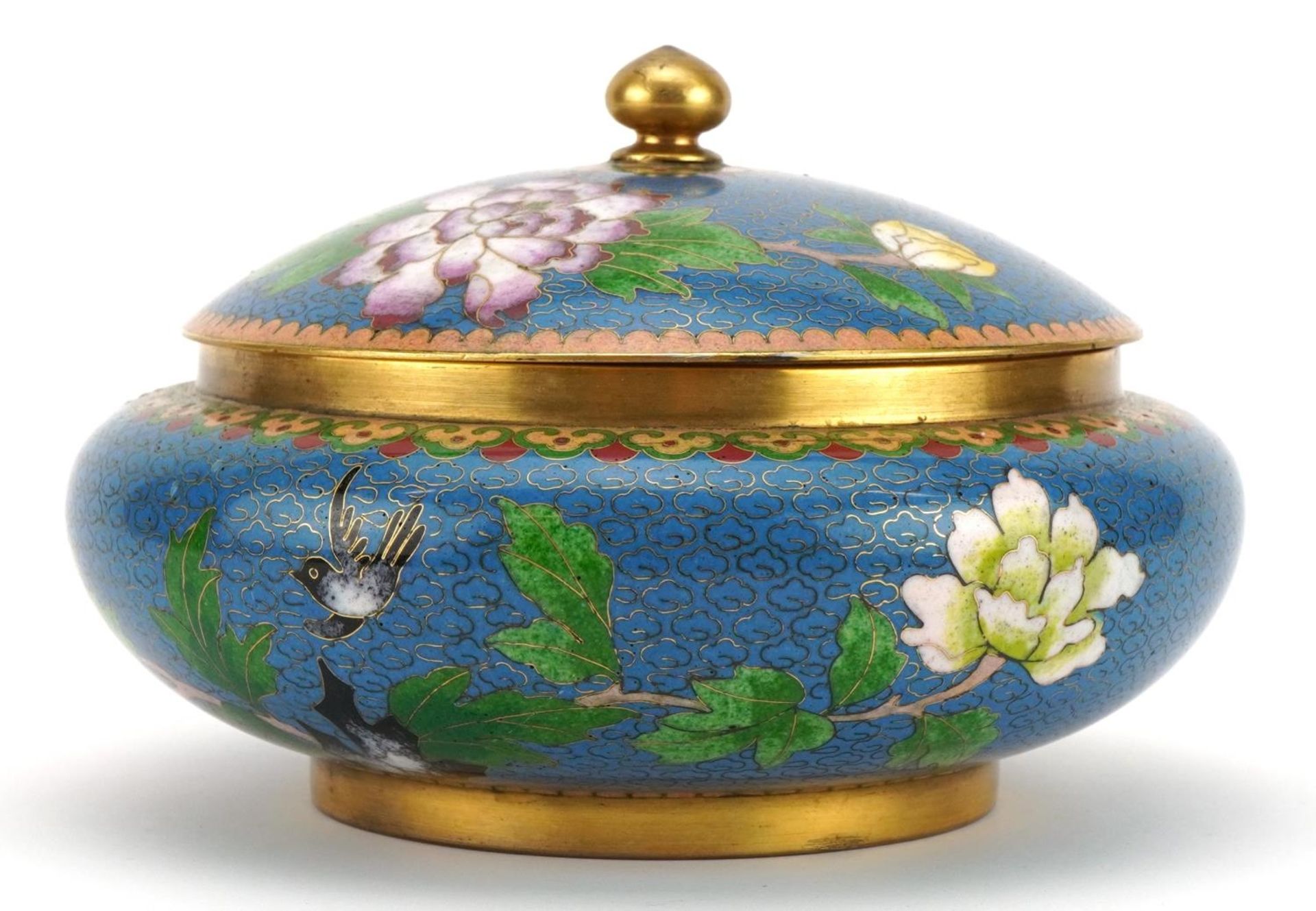 Chinese cloisonne bowl and cover enamelled with birds amongst flowers, 17cm in diameter