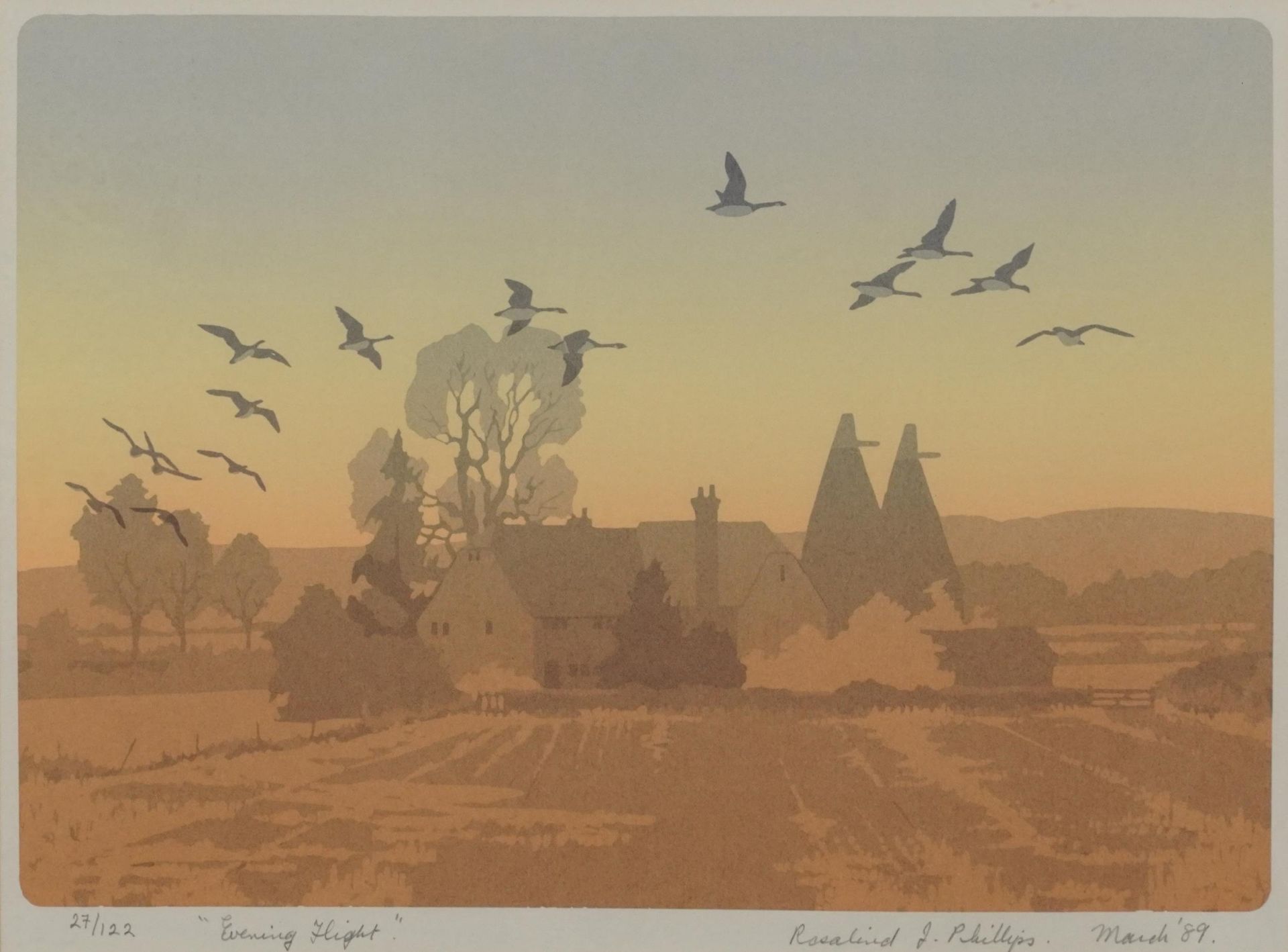 Rosalind J Phillips 1989 - Evening Flight, pencil signed print in colour, limited edition 27/122,