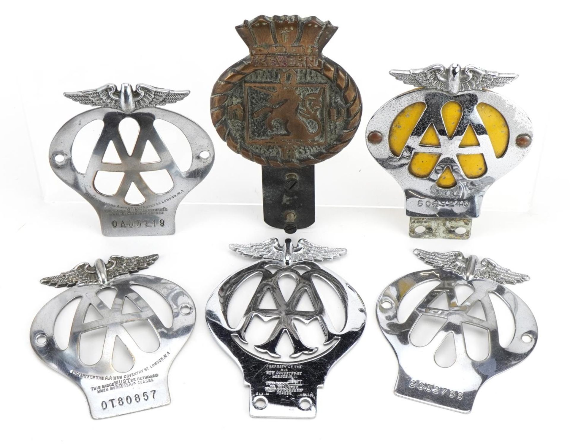 Five vintage and later AA car radiator badges and a bronze Severn car radiator badge, the largest