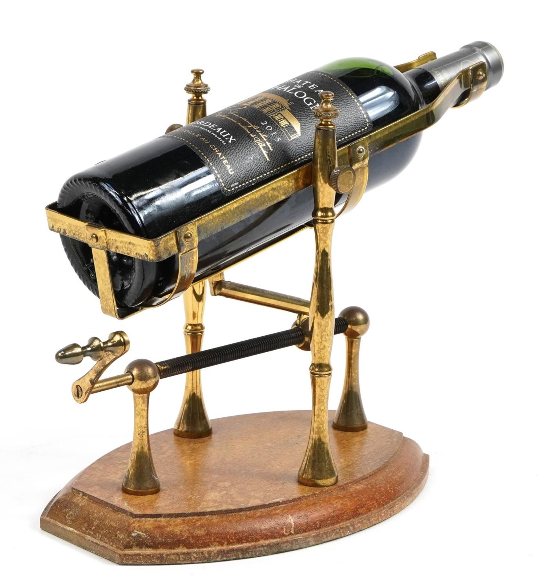 Brass mechanical action wine bottle stand/pourer on wooden base with a bottle of 2015 Chateau de - Image 2 of 4