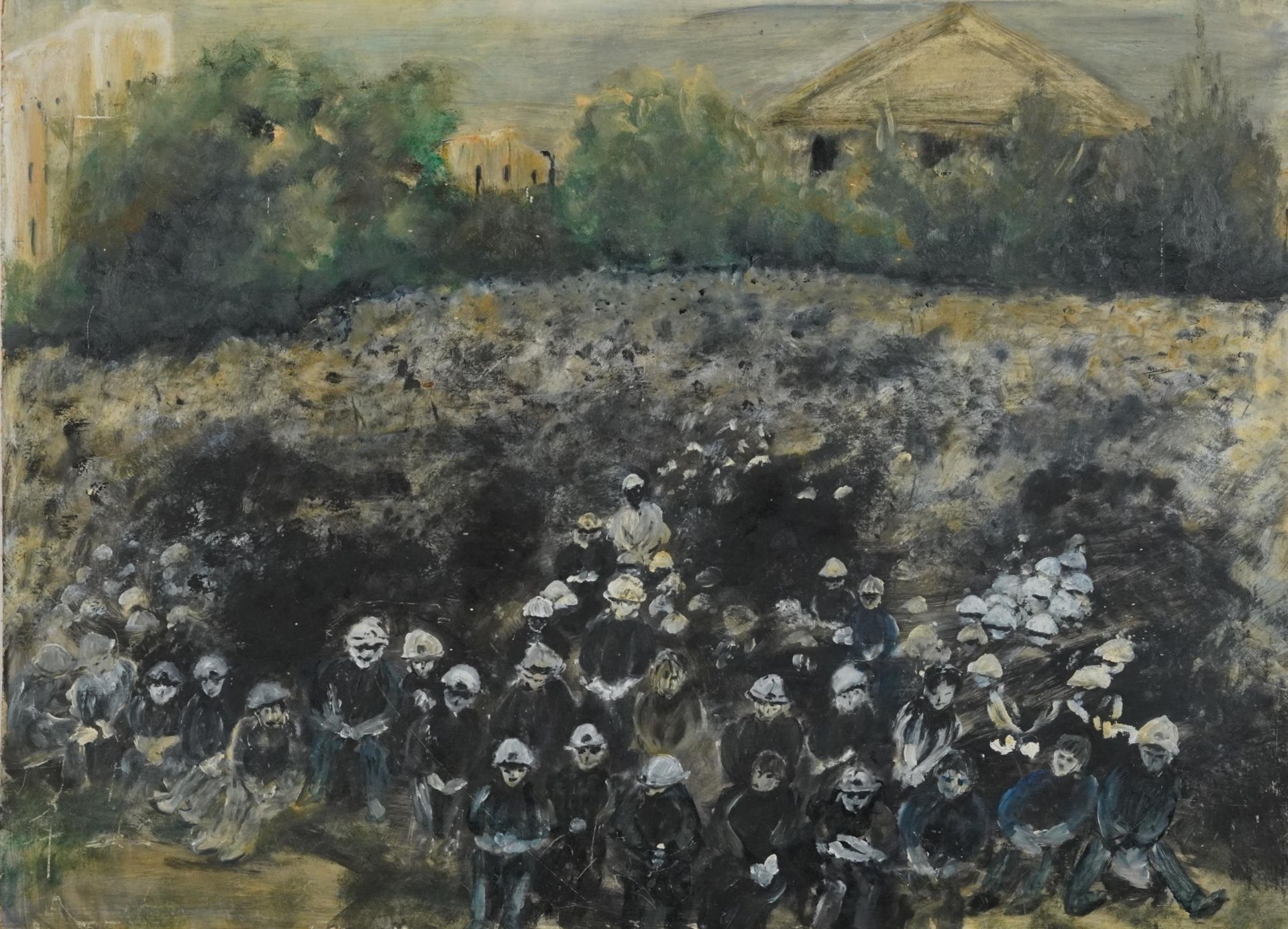 Group of figures in a clearing, oil on board, unframed, 66cm x 48.5cm