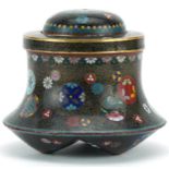 Japanese cloisonne tripod incense burner enamelled with stylised floral roundels