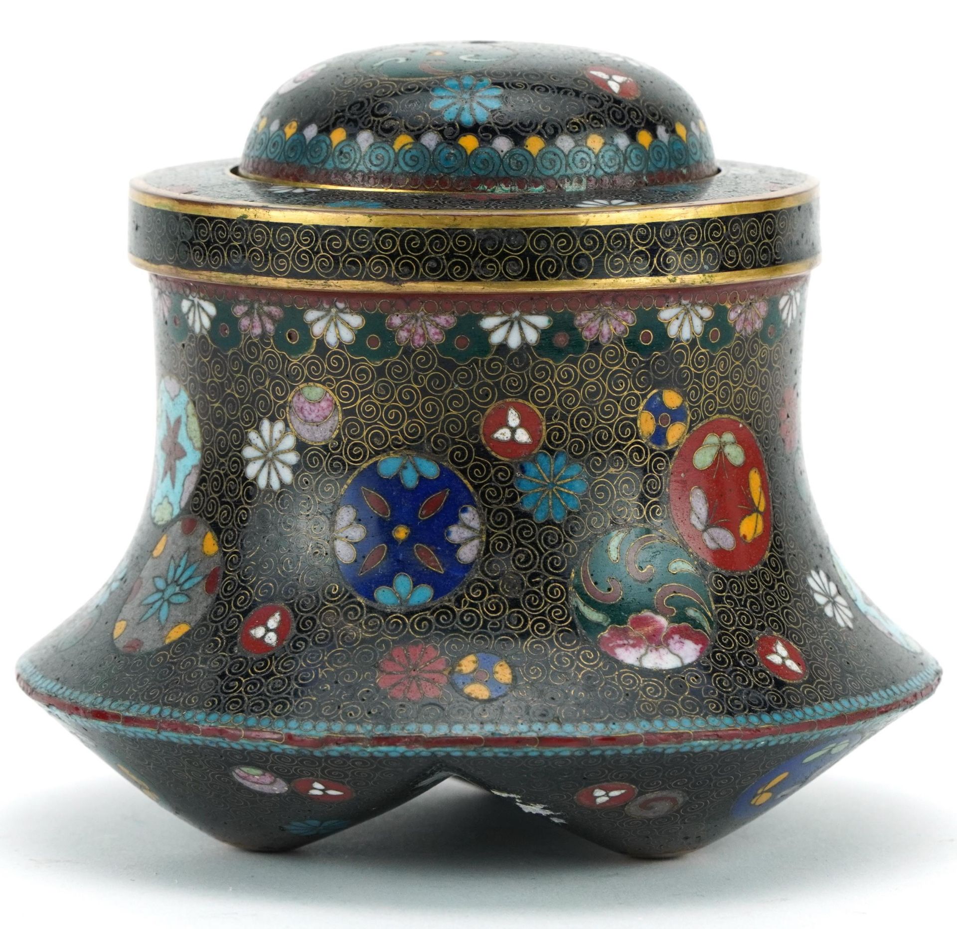 Japanese cloisonne tripod incense burner enamelled with stylised floral roundels