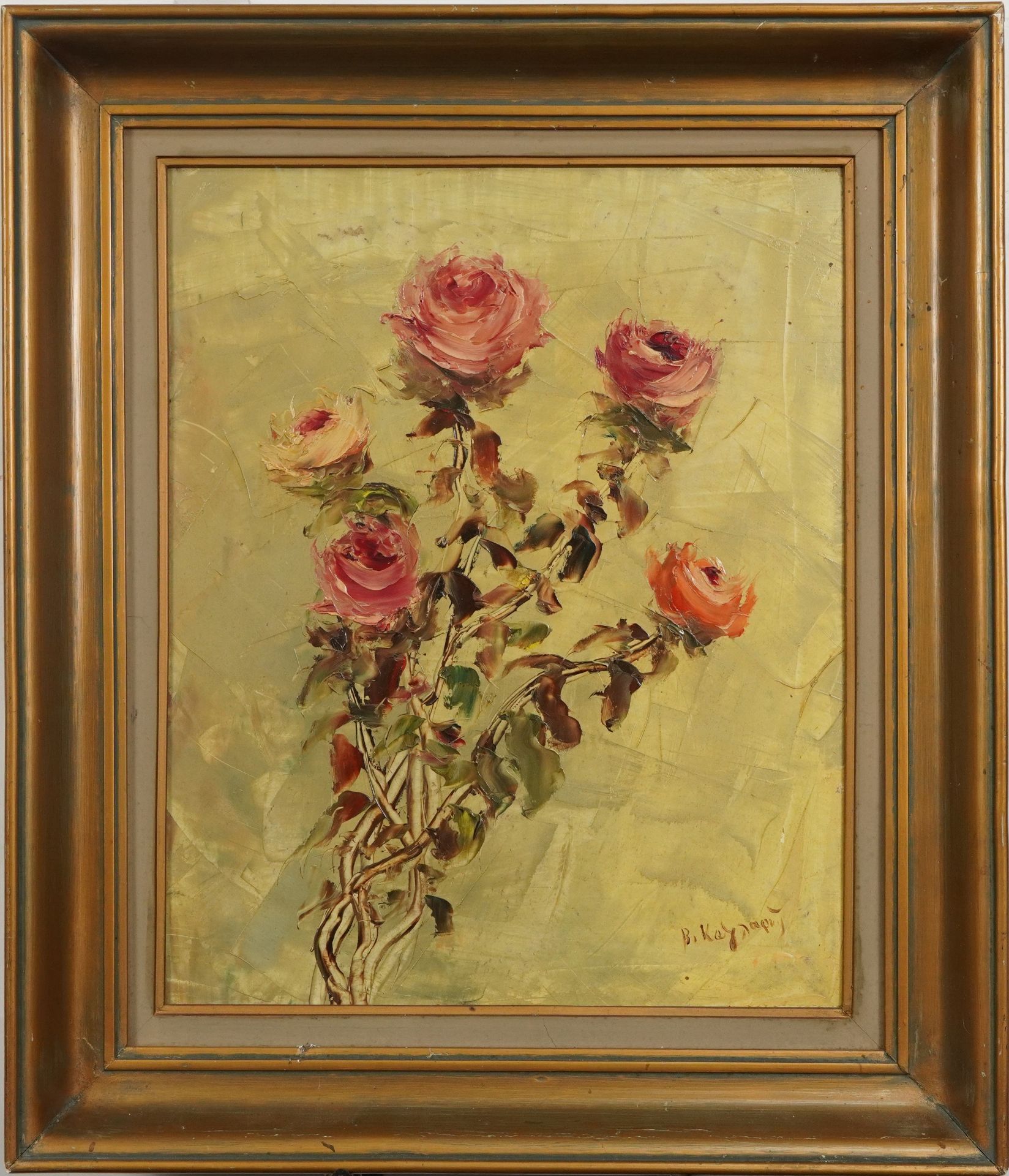 Still life roses, Greek school oil on board, stamp verso, mounted and framed, 39cm x 31cm - Bild 2 aus 5