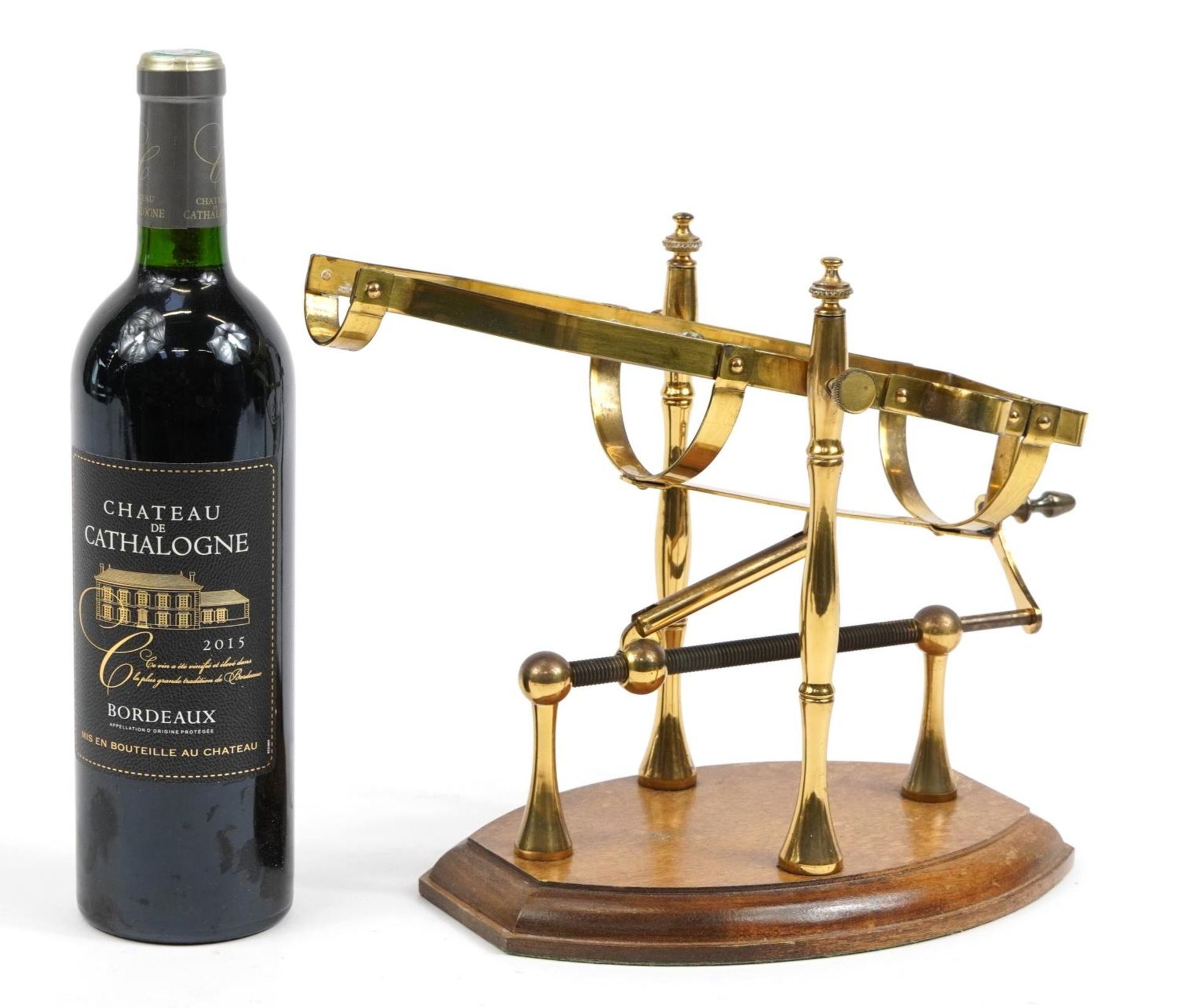 Brass mechanical action wine bottle stand/pourer on wooden base with a bottle of 2015 Chateau de - Image 4 of 4