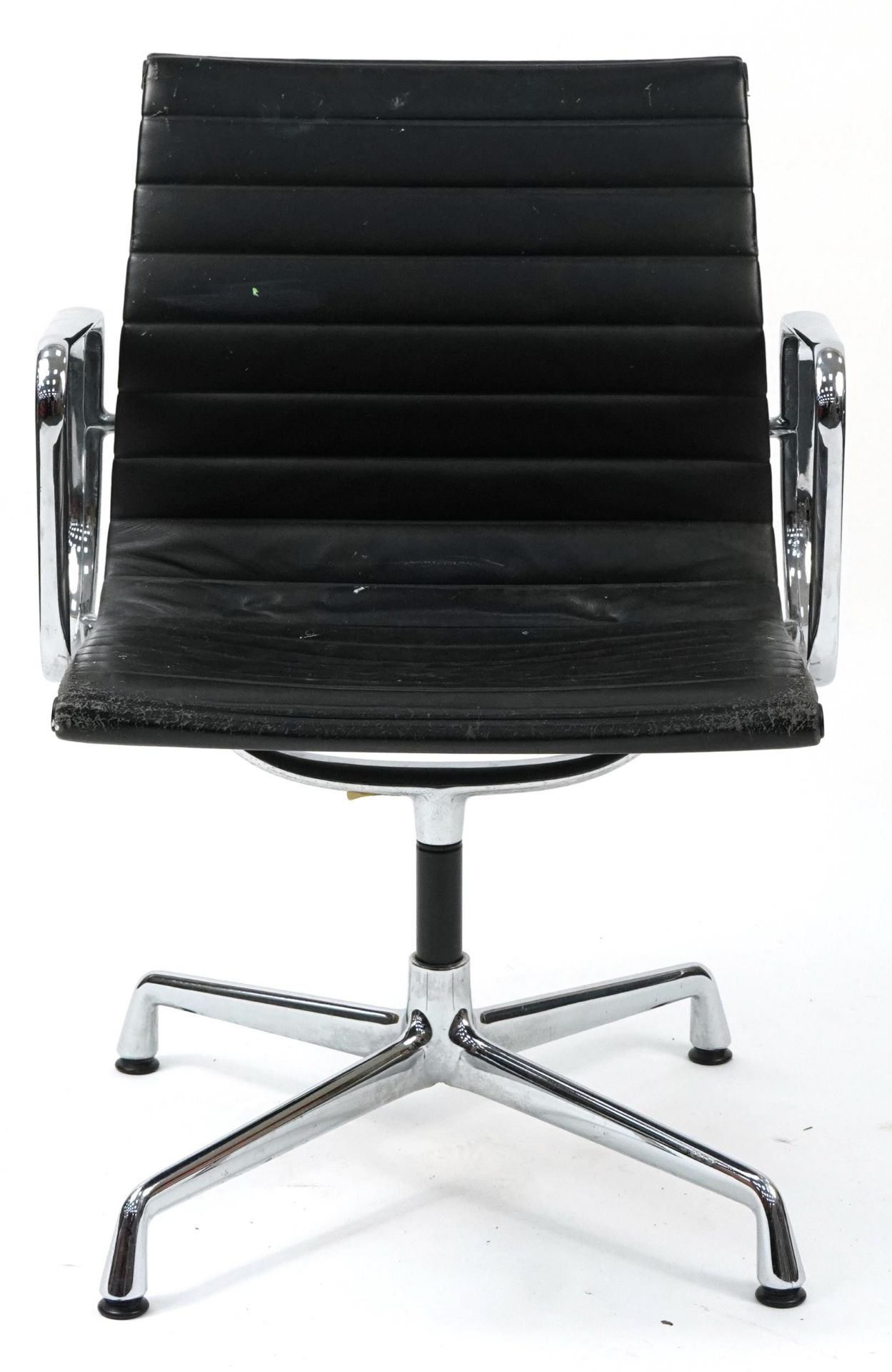 Charles Eames for Vitra, ea 108 swivel chair chair with black leather uphostery, Vitra label to - Image 2 of 4