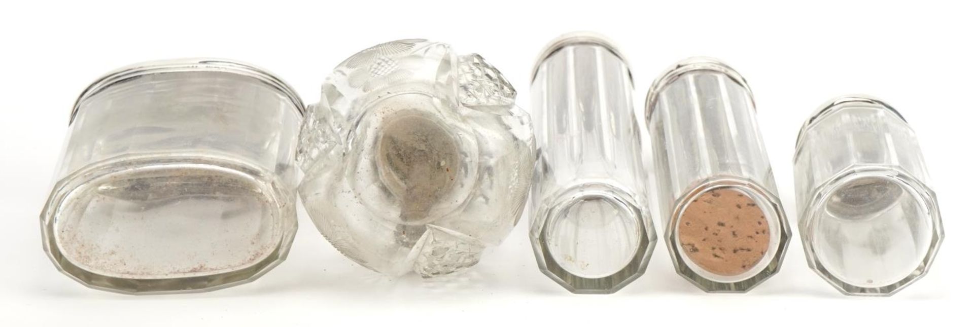 Four cut glass jars with silver lids and a Victorian cut glass atomiser with silver coloured metal - Image 4 of 5