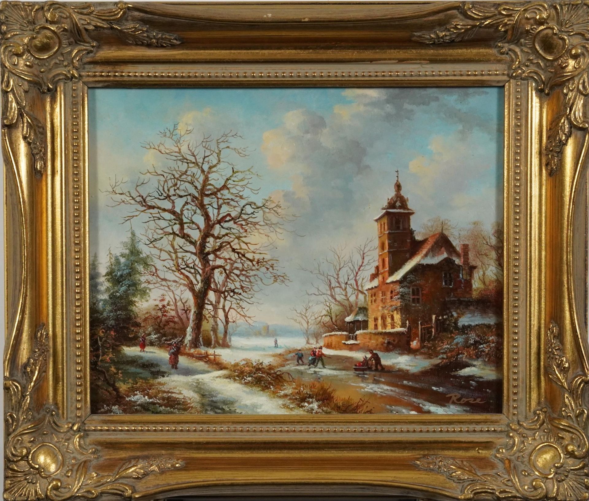 Dutch winter landscape with figures skating, oil on board, framed, 24cm x 19cm excluding the frame - Bild 2 aus 5