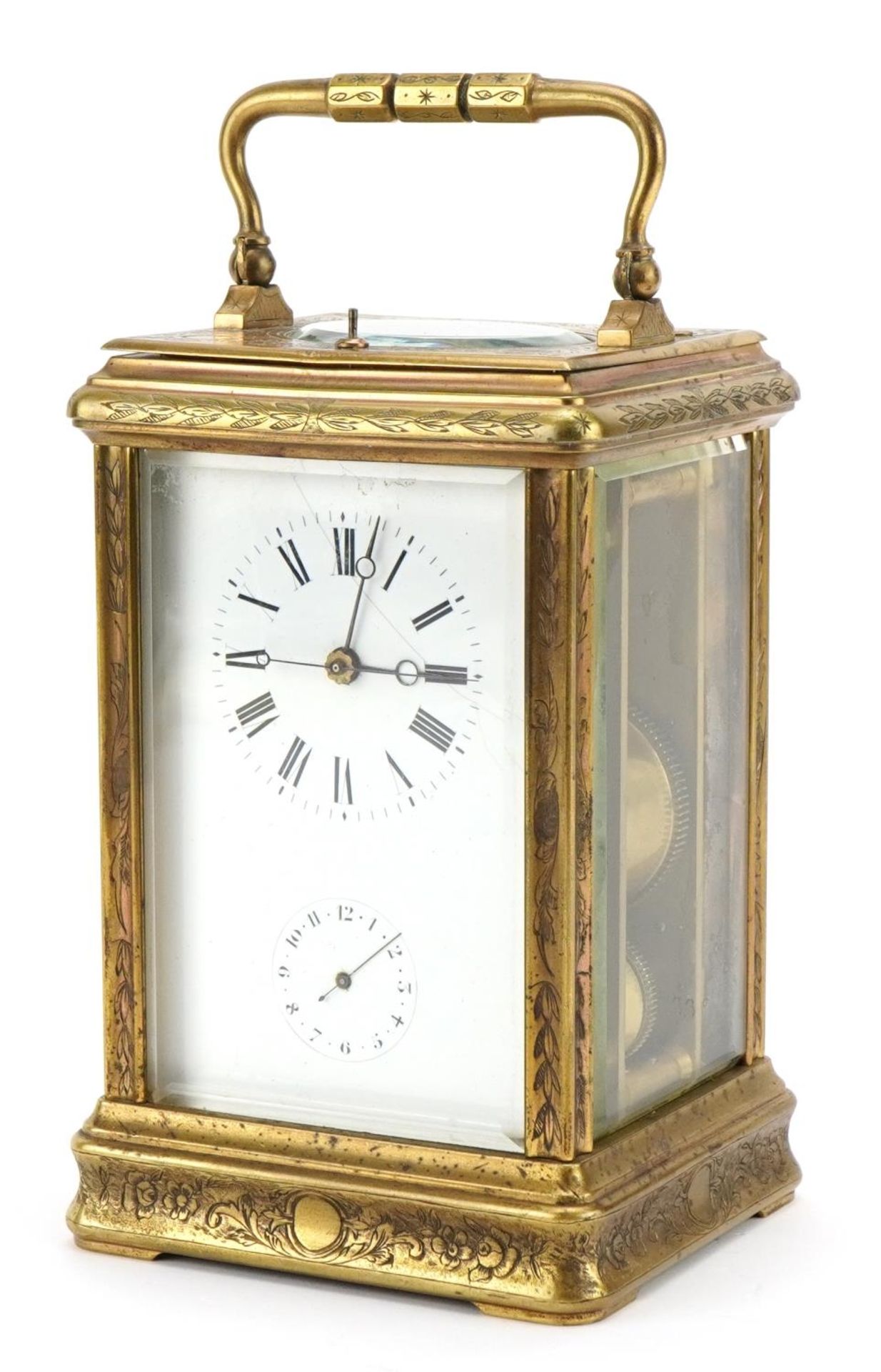 Large brass cased repeating carriage alarm clock engraved with flowers, the enamelled dial with