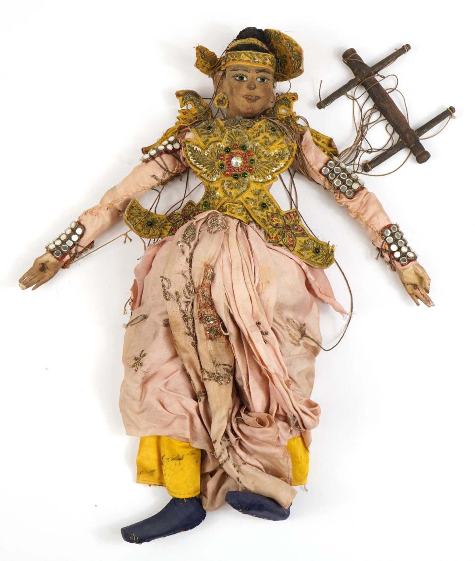 Antique Burmese wooden doll wearing traditional dress with beadwork, 54cm high - Image 2 of 3